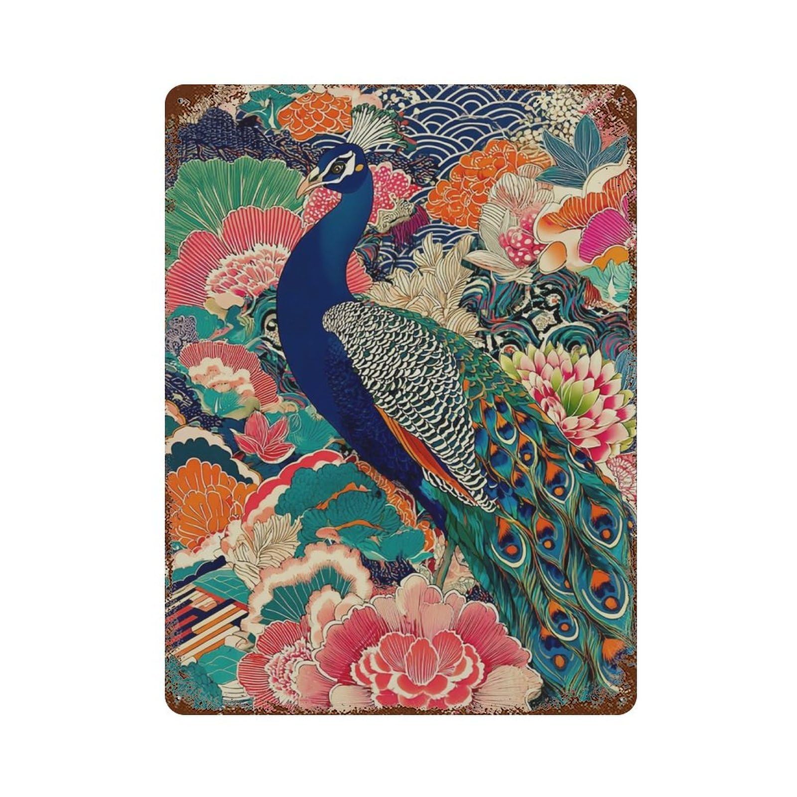 xiaoxiaoshen Japanese Peacock Vibrant Floral Bird Colorful Oriental Decorative Wall Decor Art Metal Tin Poster Modern Home Decor Art Home Bar Shop Decorations Vintage Sign 40x30cm