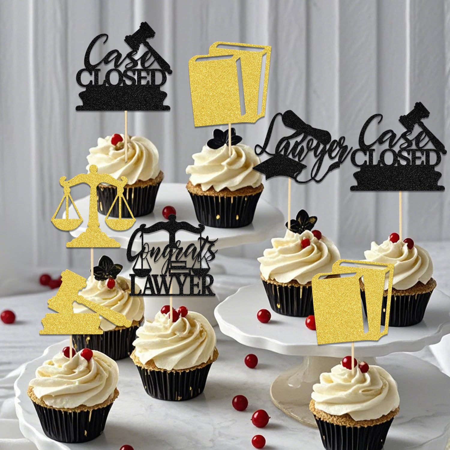 24Pcs Lawyer Graduation Party Decoration - Congrats Lawyer Cupcake Topper - Law School Survivor Decoration Gold Black Glitter - Image 4