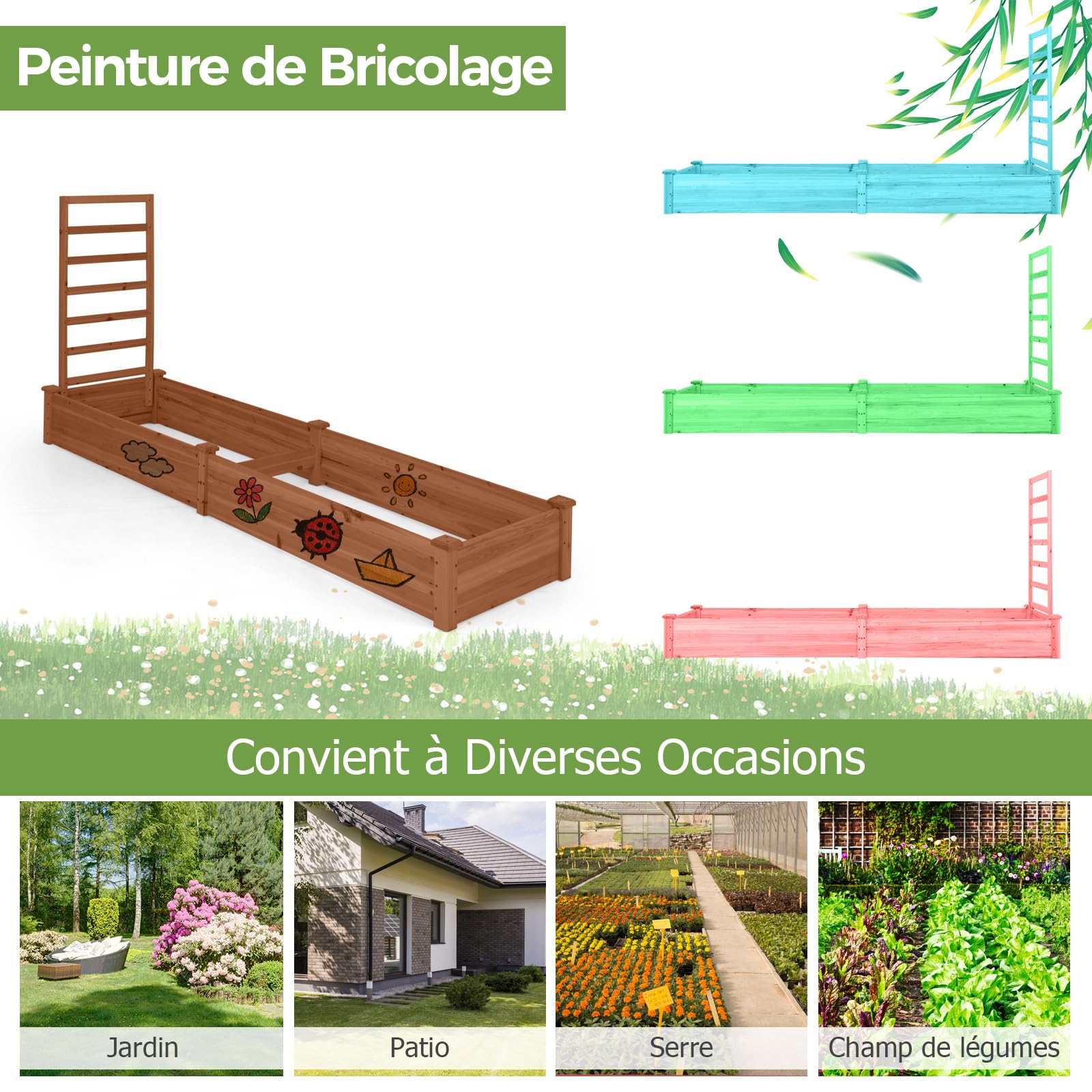 GOPLUS Carre Potager avec Treillis, 235x63x102 CM, Jardinière en Bois avec Fond Ouvert pour Fleur, Légume, Herbe Grimpante, Bac à Plantes, Assemblage DIY, Potager Exterieur pour Jardin, Patio, Balcon