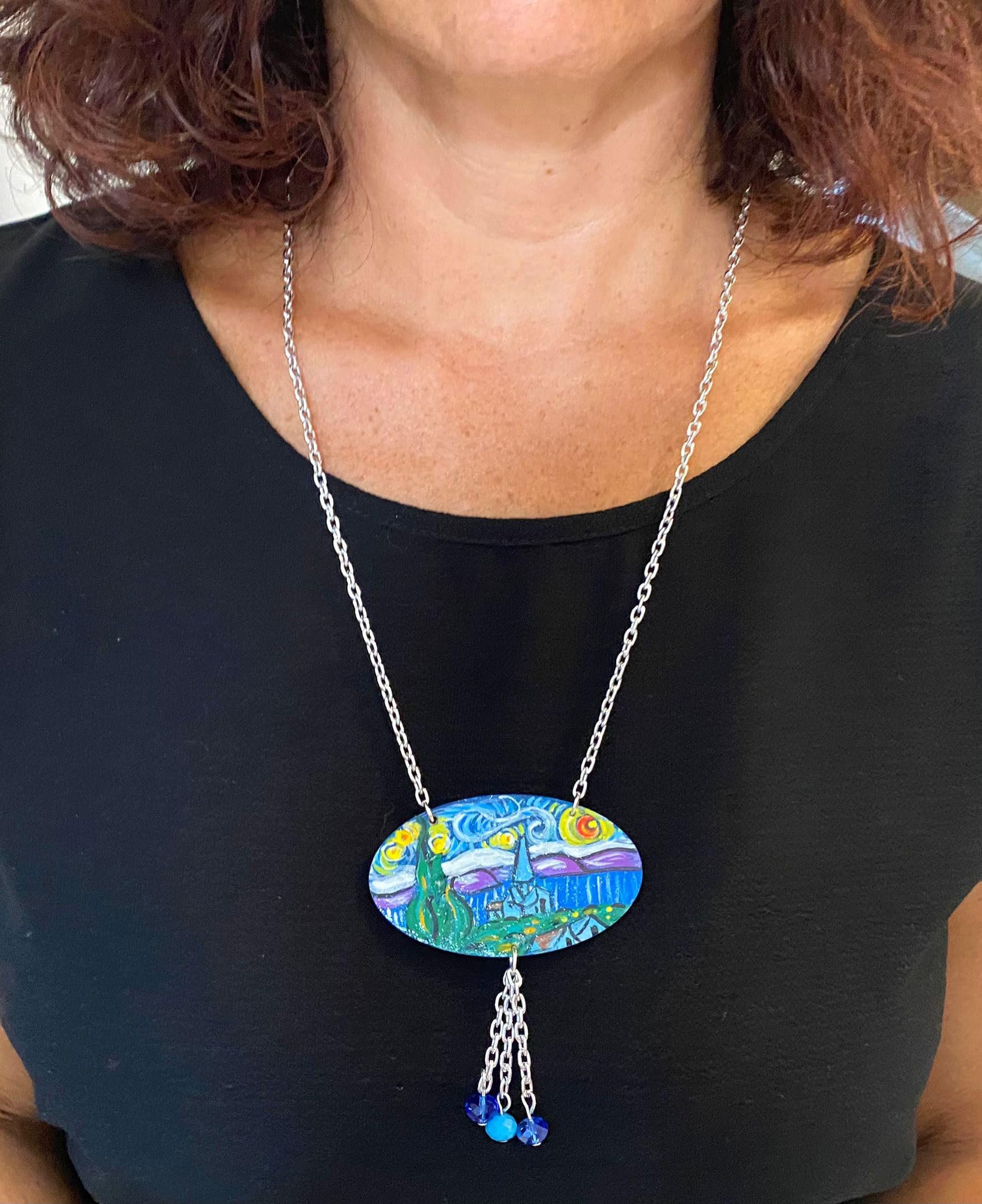 Collar con colgante pintado a mano – La noche estrellada, cuadro famoso – Collar con colgante pintado a mano, medallón de madera pintado a mano, joya elegante en madera totalmente pintada