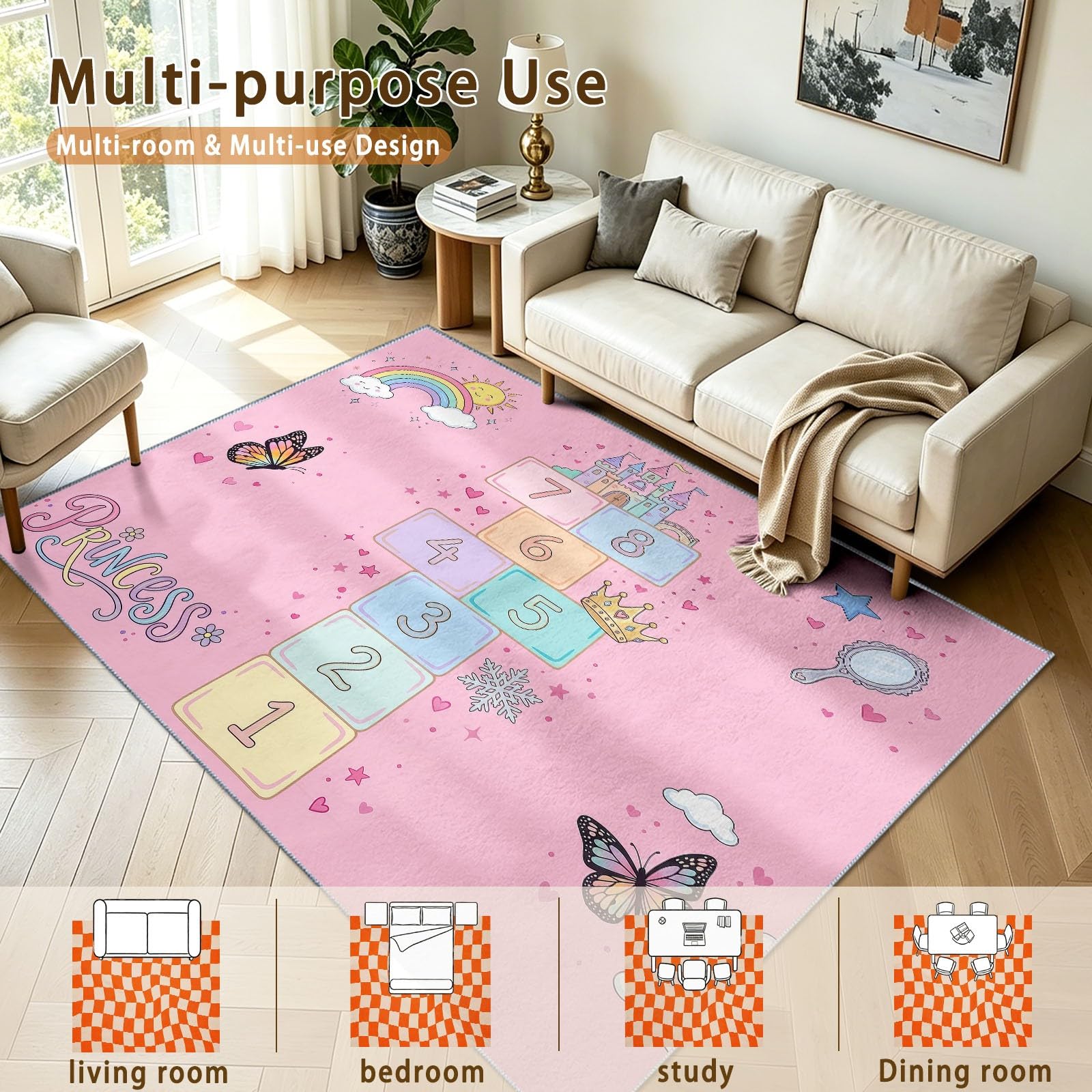 Traumhafter Cartoon Teppich Rosa Waschbar rutschfest für Wohnzimmer, 140x200 cm | Hüpfkästchen-Blöcke Schmetterlinge Wolken Weicher Kurzflor Pflegeleicht Teppich für Schlafzimmer, Esszimmer, Büro