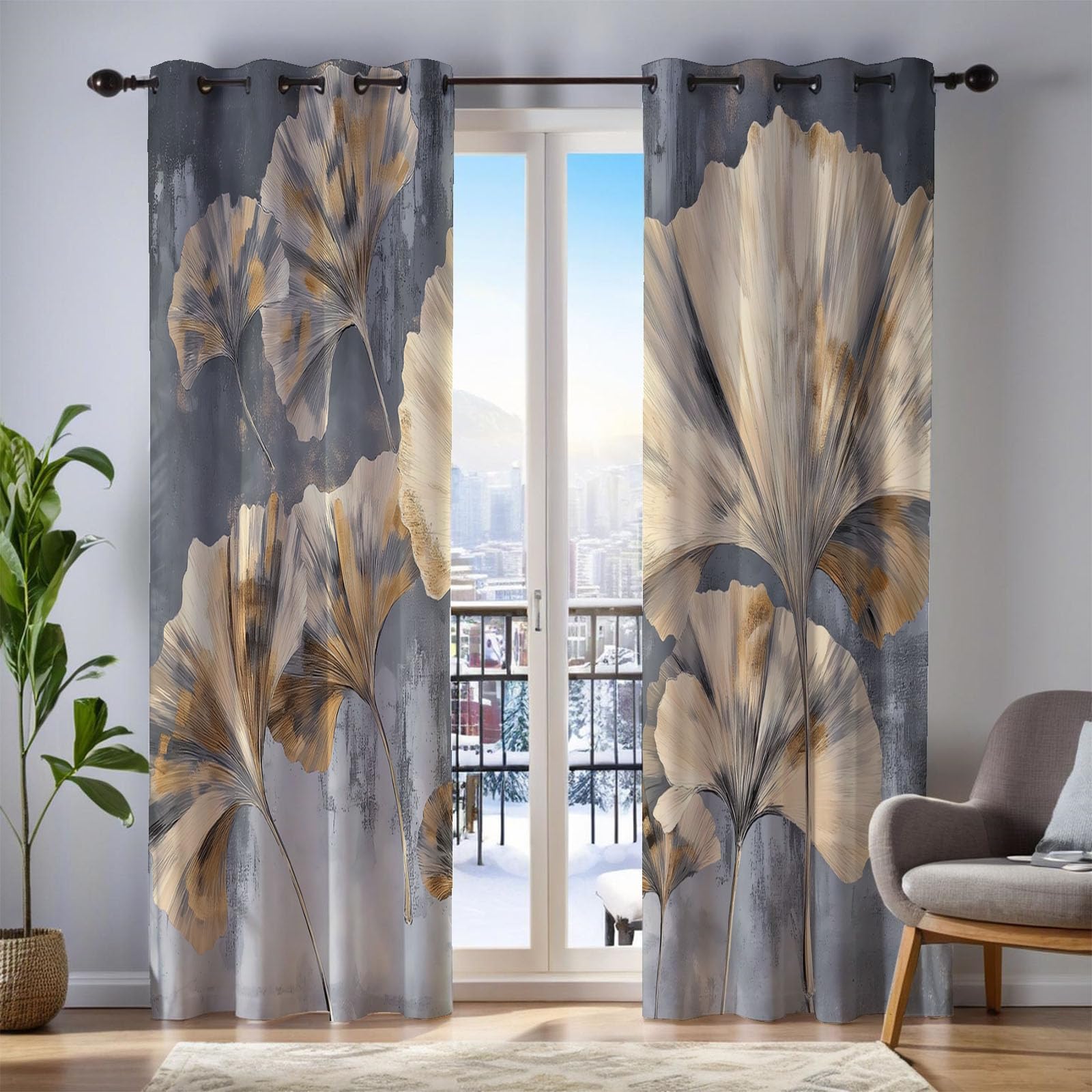 Rideau Occultant Thermiques 140x180 cm Feuille De Ginkgo Vintage Isolant Anti Froid Chaleur pour Salon Chambre Séparation de Pièce pour Cuisine Rideau Dressing Lot de 2 à Oeillets