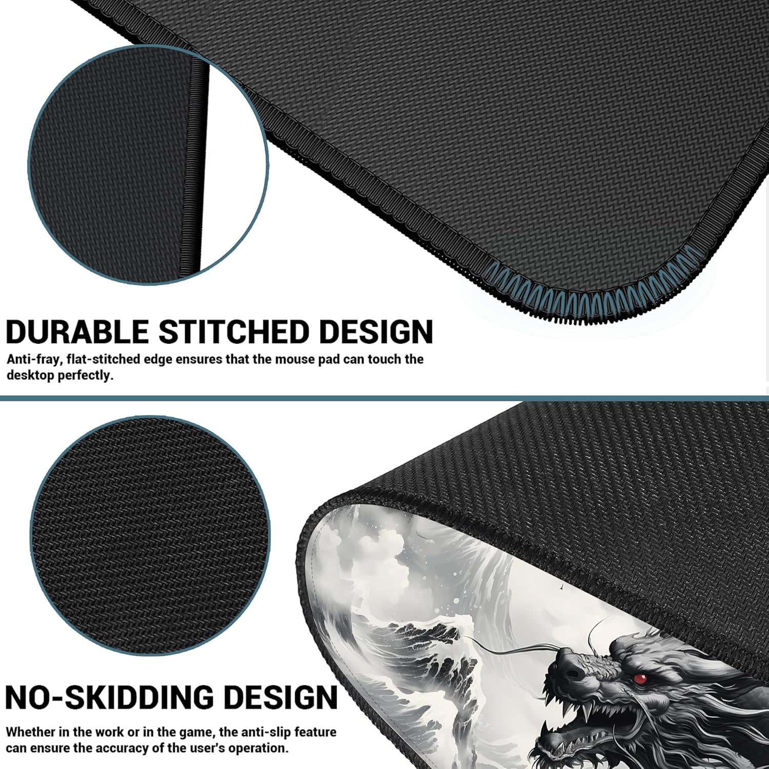 ProbTis Black and White Dragon Mouse Pad, Large Japanese Desk Mat, XXL Anime Gaming Keyboard Mat, Oriental Decor, Big Extended Desk Protector for Home Office, 35.4"x15.7" (Dragon BW) - Image 5