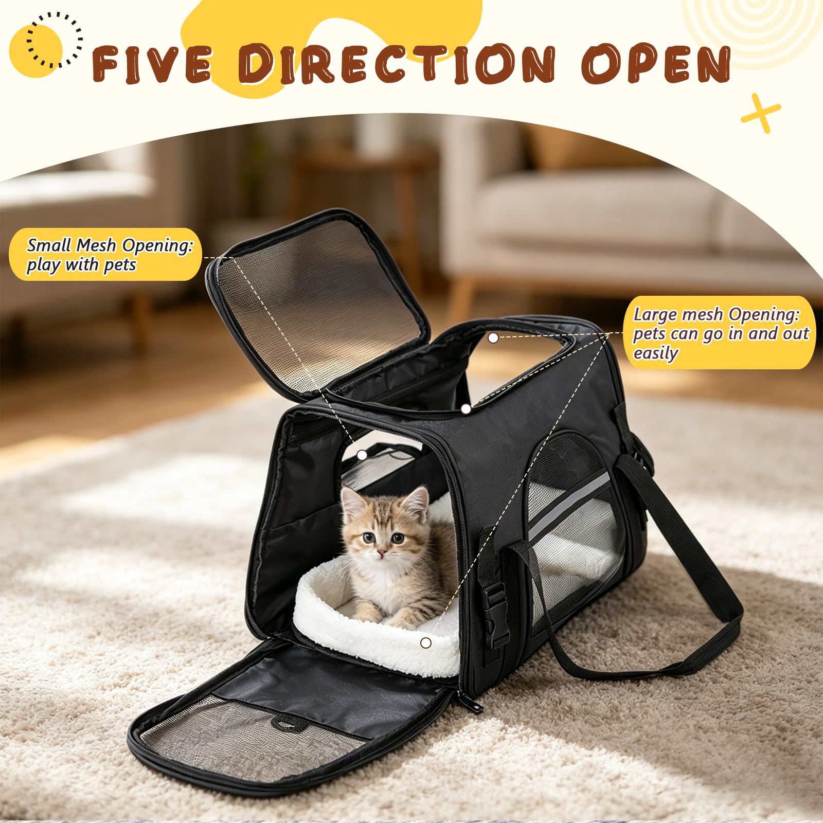 Romon Transportín Gato Perro, Transportin Pequeño Cat Carrier, Bolsa Transporte Transpirable para Mascotas con Colchón Suave, Plegable Bolso Gatos Cachorros Gatitos de 6Kg, 17.3x11x9.8 Inch, Negro