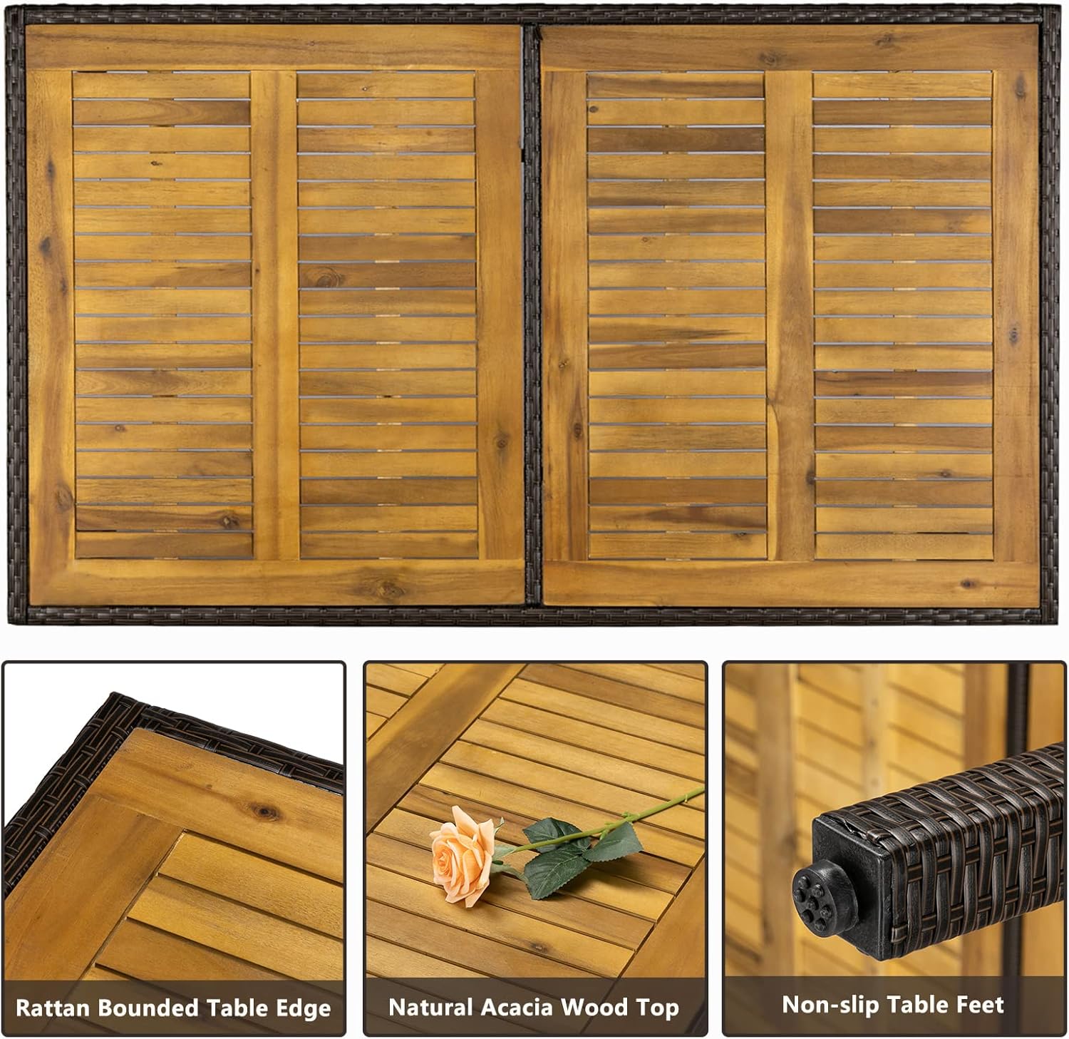 VINGLI 7 PCS Patio Dining Set, Wicker Patio Furniture Set with Acacia Wood Table Outdoor Dining Set for 6 Patio Dining Table for Garden and Yard : Patio, Lawn & Garden