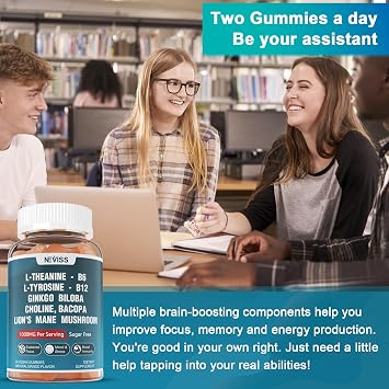 Sugar Free L-Tyrosine Gummies 300mg L-Theanine 200mg Vitamin B6 100mg & B12 500mcg, Brain Health Herbs 300mg w/Ginkgo Biloba, Rhodiola Rosea, Lion's Mane Mushroom for Sustained Focus & Energy, 1Pack
