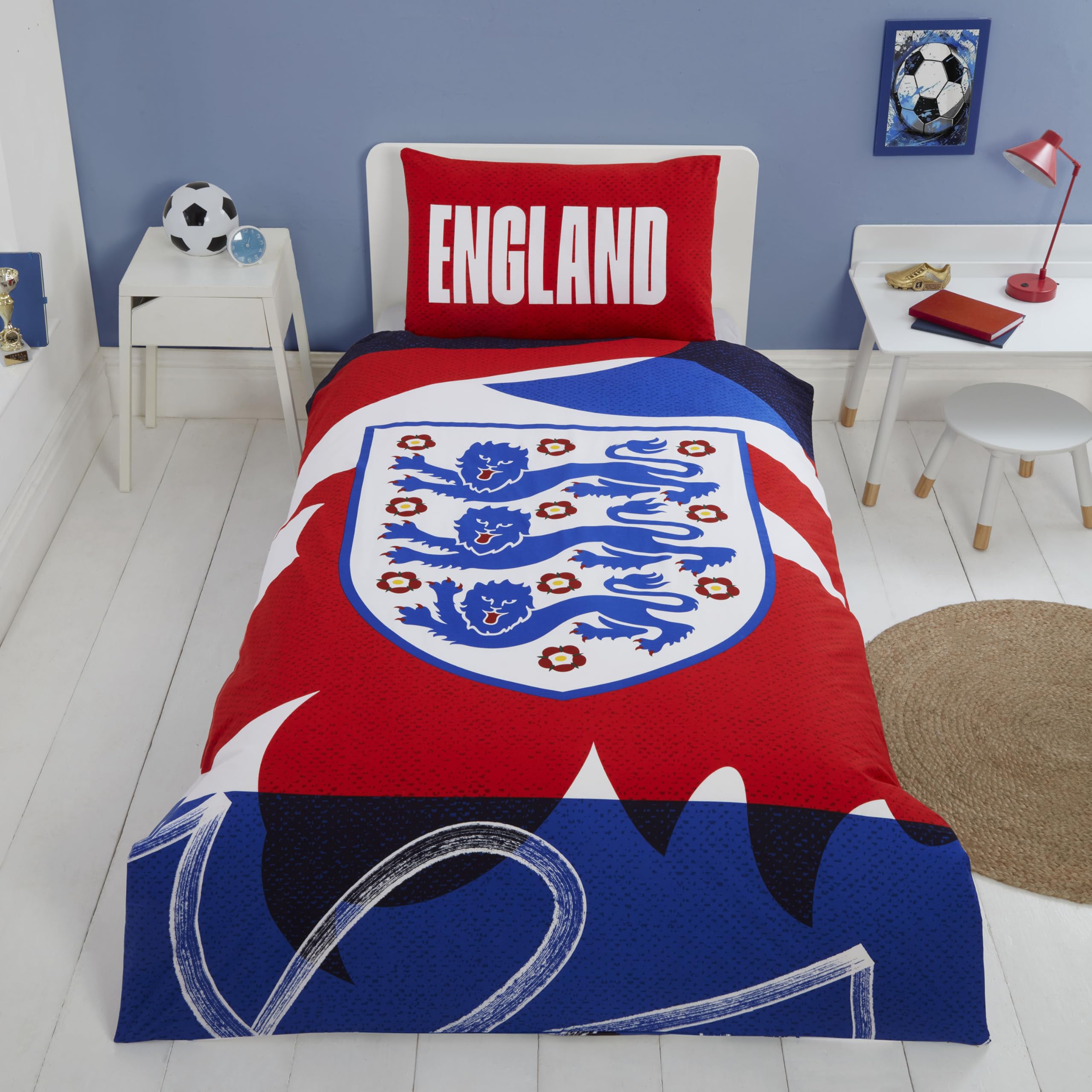 England Football Single Duvet Cover Set | Reversible Three Lions Bedding | Cotton Rich Football Bed Set for Kids, Boys, Girls & England Fans (Single)