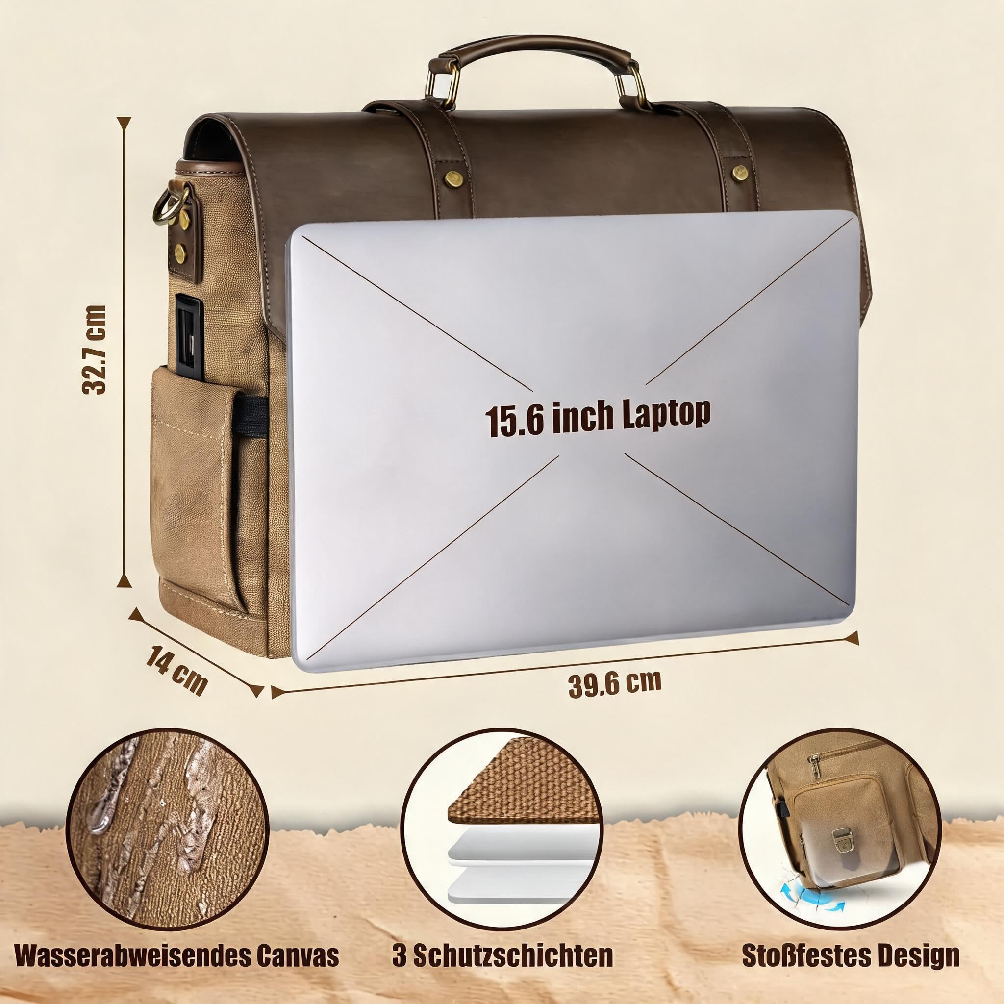 MATEIN Vintage Aktentasche Herren Leder Messenger Bag Laptoptasche 15.6 Zoll USB-Ladeanschluss RFID-Schutzfach Braun