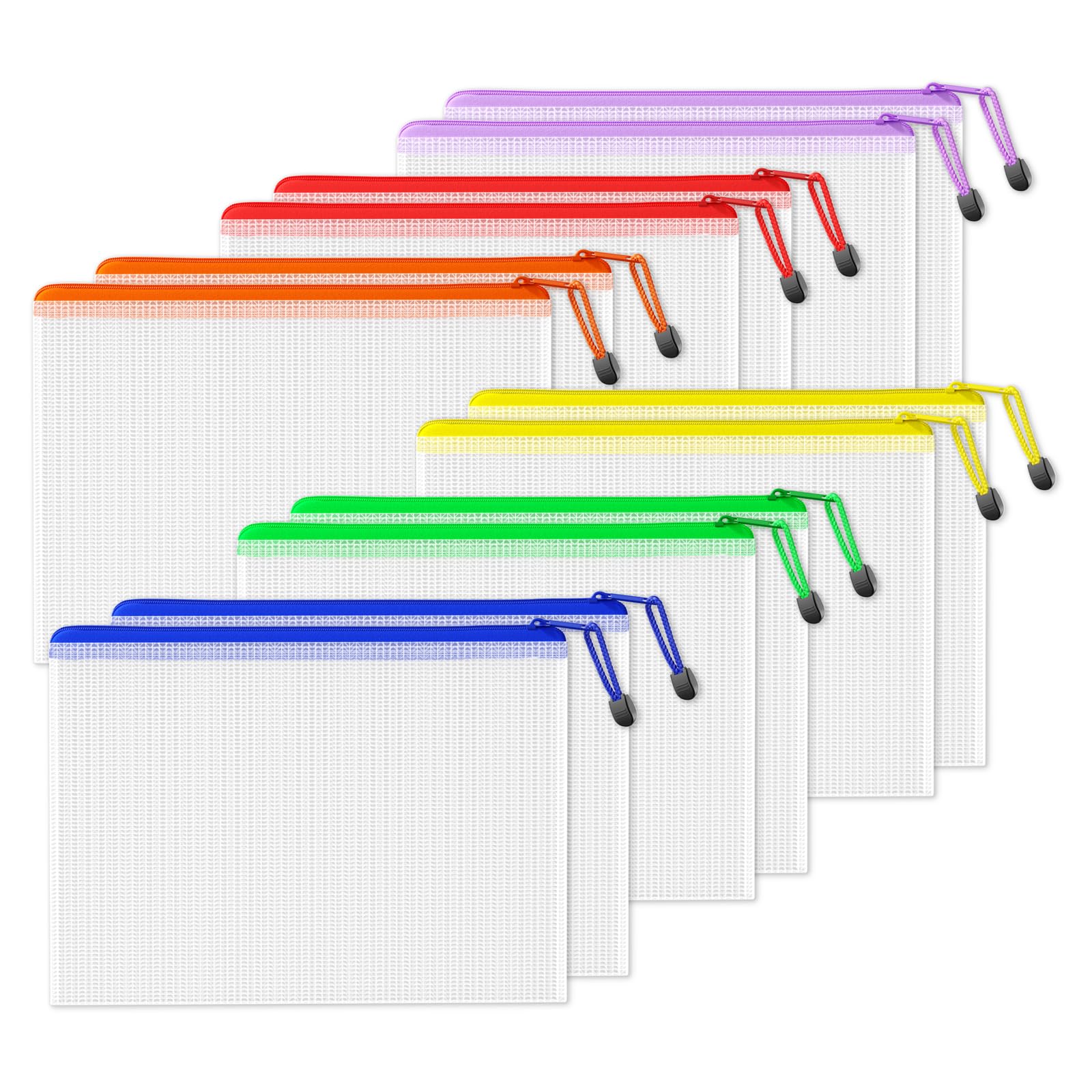 SUNEE Plastic Wallets A4, 12 Pack Mesh Zip Lock Document Wallets & File Bags, Waterproof Plastic Folders A4 for School, Office, Home and Travel Storage - 6 Colours