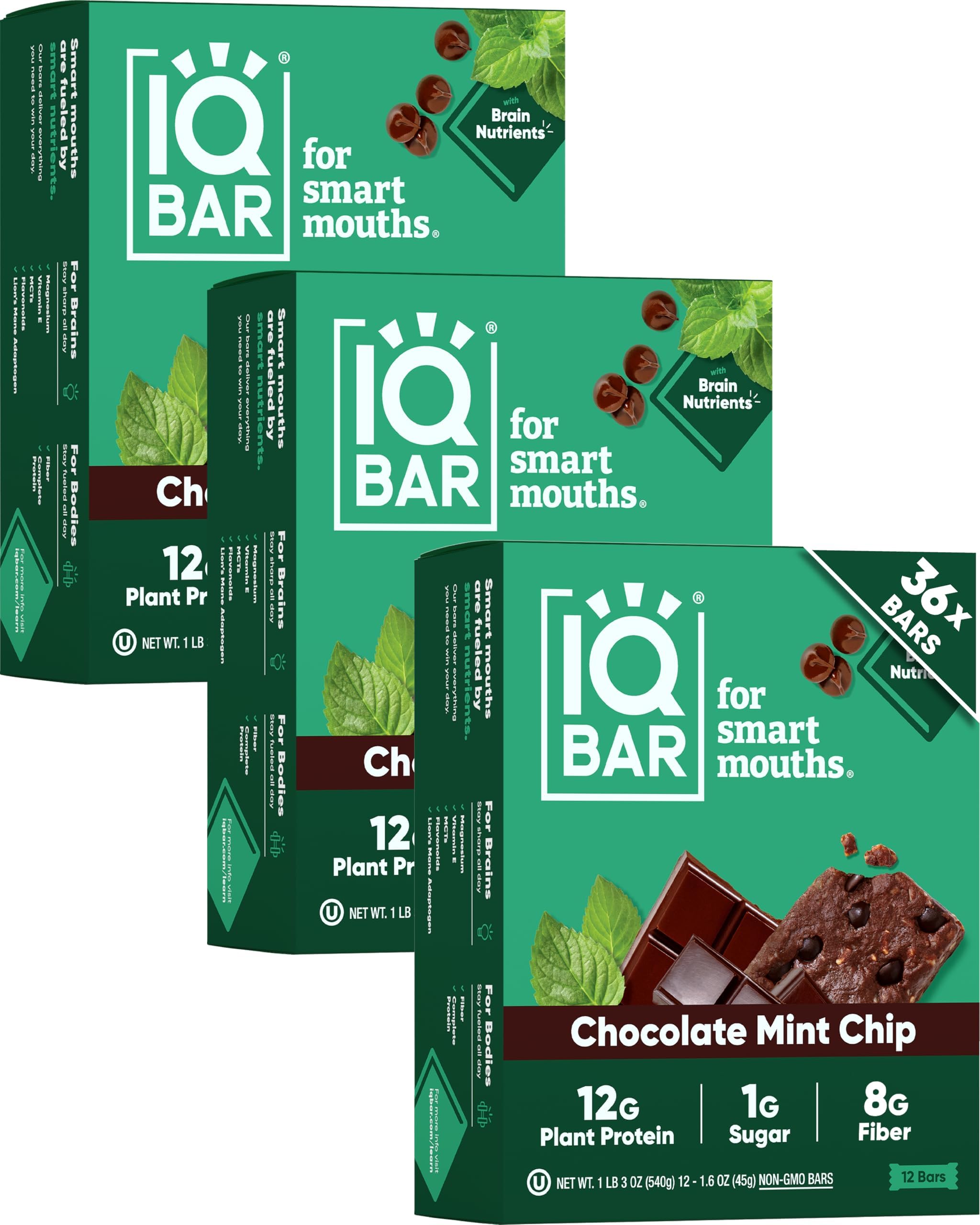 IQBAR Clean Plant Protein Bars - Chocolate Mint Chip - 36 Count - Keto, Vegan, High Fiber, Gluten and Dairy Free, Low Sugar Snack - Brain and Body Nutrients for Focus, Energy, Meal Replacement