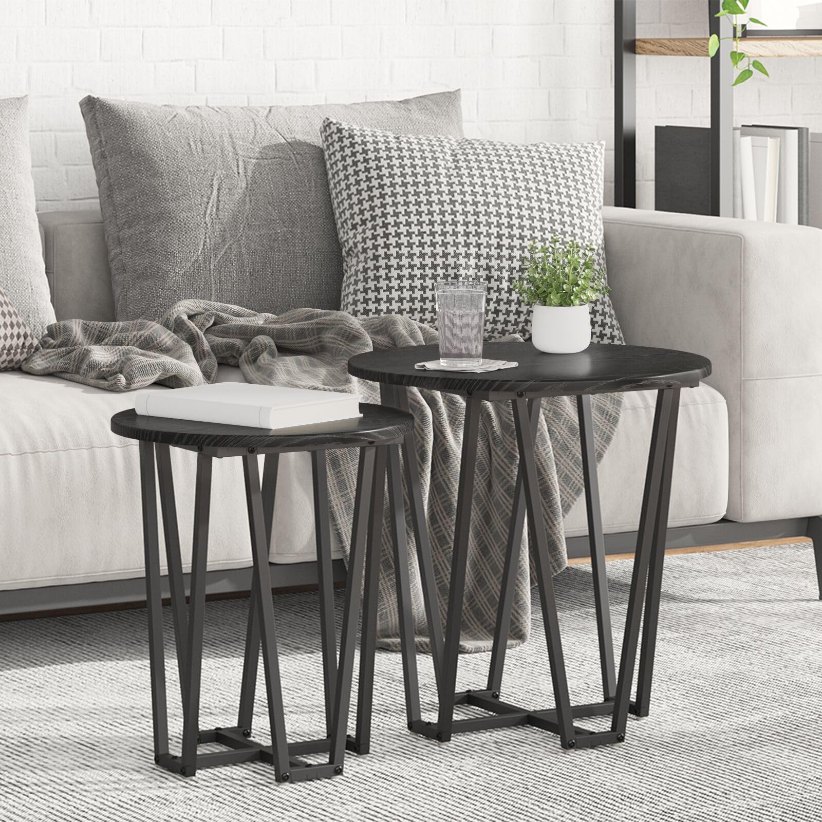 SXZenSpace 869720 Side Table Set of 2 - Black Oak MDF and Metal Modern Wood Nightstand End for Home Bedroom Living Room Easy Assembly Hallway Coffee