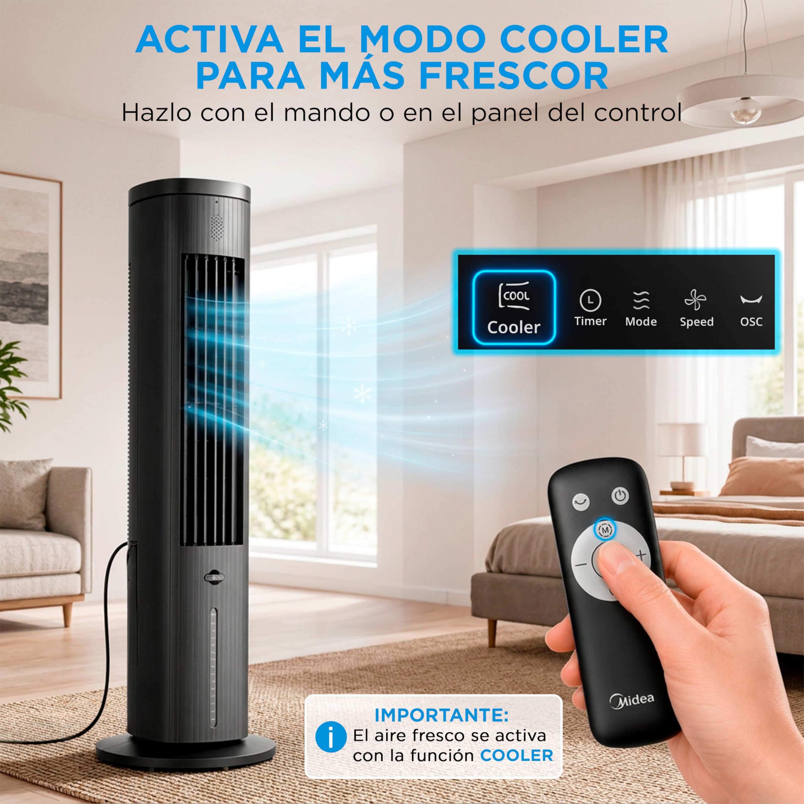 MIDEA Climatizador Evaporativo 3 en 1 con Mando a Distancia - Ventilador de Agua, Enfriador de Aire, Humidificador de 3 Velocidades, Oscilación 85º - Climatizador Frio Silencioso con Tanque de Agua 5L