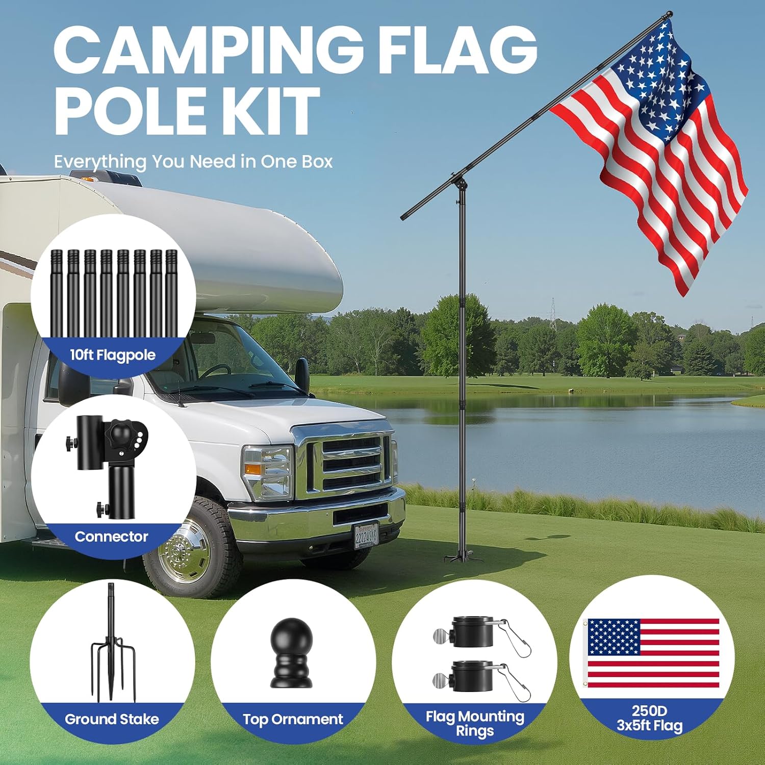 Camping Portable Flag Pole Holder Kit, 90° Quick Angle Adjust In-Ground Flagpole Mount with 5-Prong Base for RV, Beach, Yard, Tailgating, Outside House, Outdoor, Includes Flag & 10FT Flagpole
