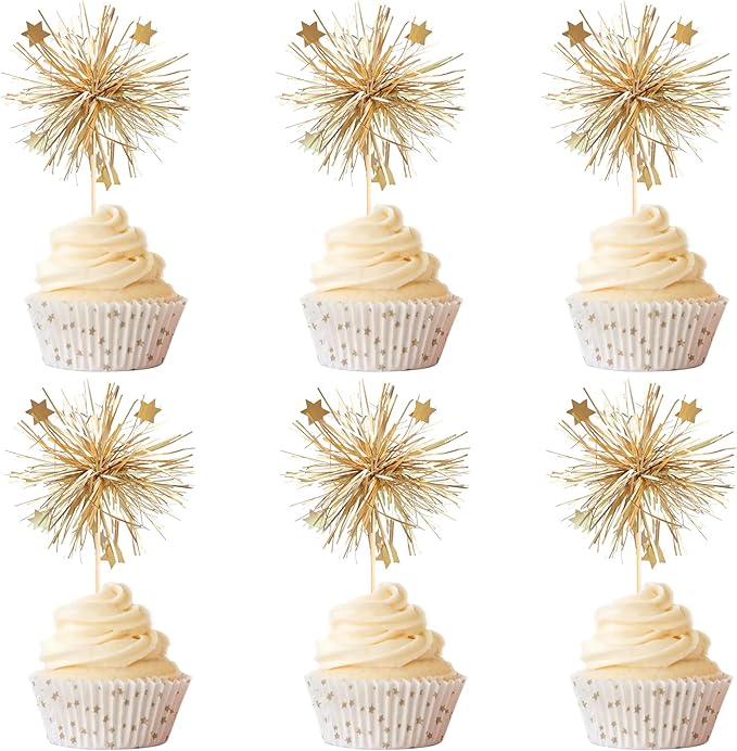 30 Pcs Gold Fireworks Shape Cupcake Decoration,Sparkling Gold Cake Toppers,