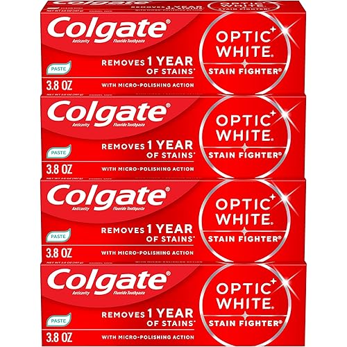 Colgate Optic White Stain Fighter Clean Mint Paste Teeth Whitening Toothpaste, 4 Pack, Anticavity Toothpaste with Fluoride, Enamel Safe Teeth Stain Remover, 3.8 OZ
