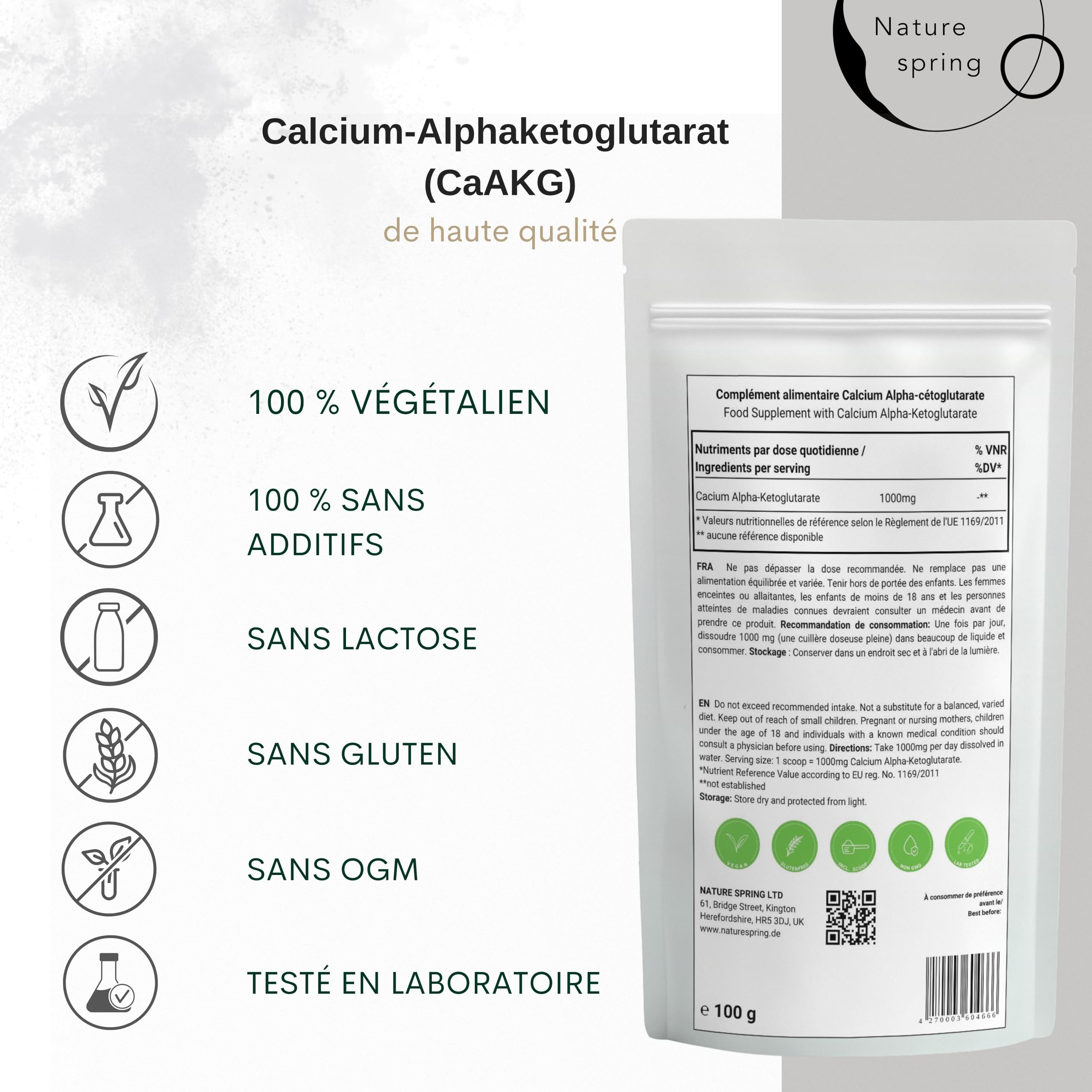 CaAKG Poudre hautement dosée | Pack d'approvisionnement (100 grammes) +3,3 mois | Calcium-Alphacétoglutarate végétalien premium | 1000 mg de CaAKG par portion | Testé en laboratoire en Allemagne