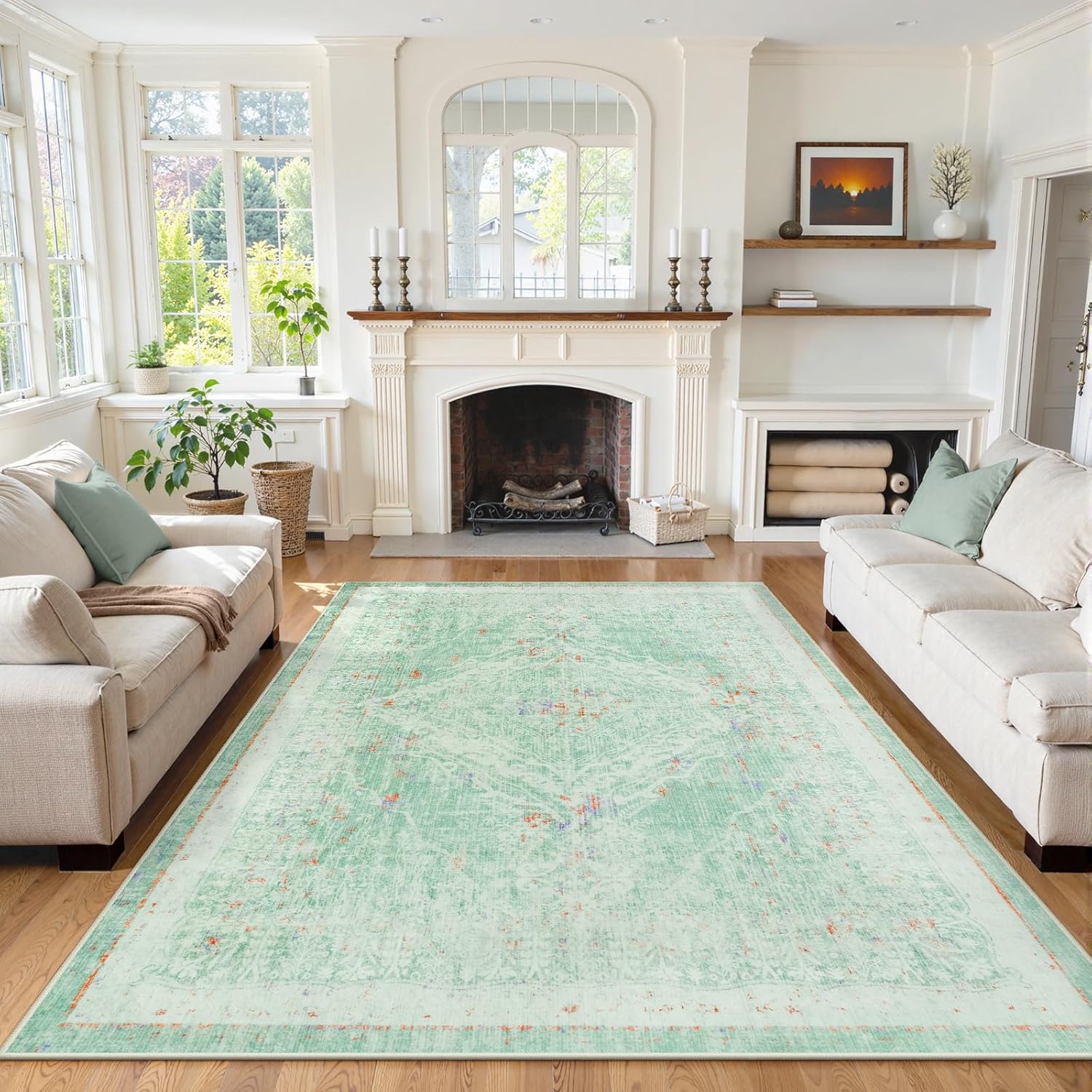 LIVEBOX Washable 8 x 10 Area Rugs for Living Room - Soft Large Light Green Boho Rug for Bedroom, Non-Slip Retro Carpet Print Distressed for Dining Guest Room Office 8‘ x 10’ Distressed Mint Green
