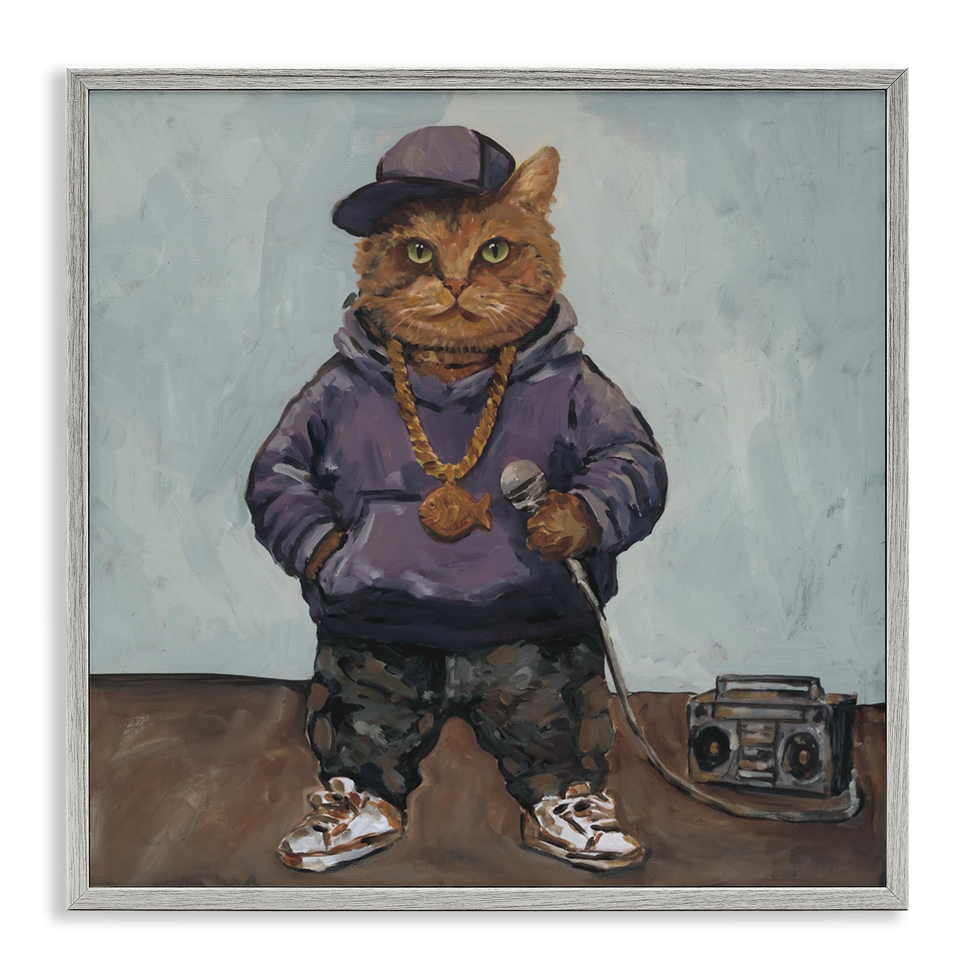 Stupell Industries Farmhouse Gray (Textured) 'Urban Hip-Hop Cat'| Framed Giclee Art