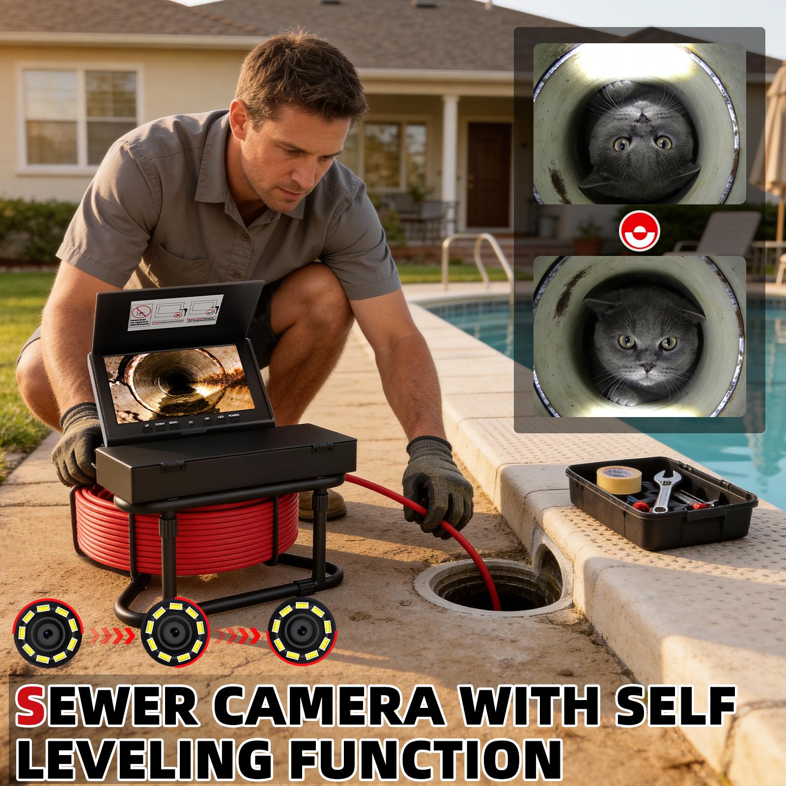 KAOLALI Telecamera di Ispezione 30m con DVR, Telecamera per Ispezione Tubi Fognature con Sonda Fotocamera Autolivellante, 7" 1000TVL Industriale Drenare Endoscopio con Scheda da 32GB inclusa