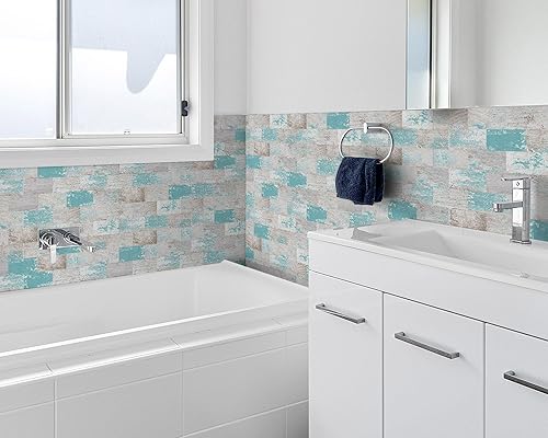 Miniatura 3 de DEWOO Azulejos autoadhesivos para salpicaduras de 20 hojas estilo granja, cocina y baño, turquesa (13.5 x 11.4 pulgadas)