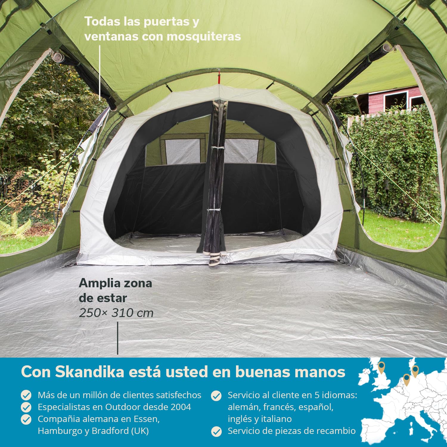 Skandika Gotland Protect - 4 Personas - Tienda campaña Familiar - túnel - mosquiteras - 480x310cm - Columna de Agua de 5000 mm