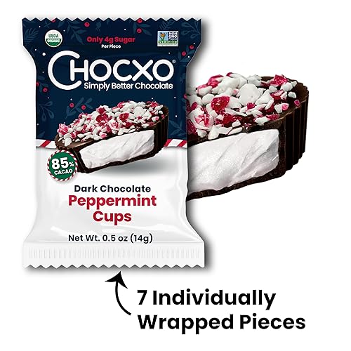 Miniatura 4 de Chocxo Tazas de menta de chocolate negro - 85% chocolate negro con cacao con centro de menta cremosa, cubierto con piezas de bastón de caramelo.