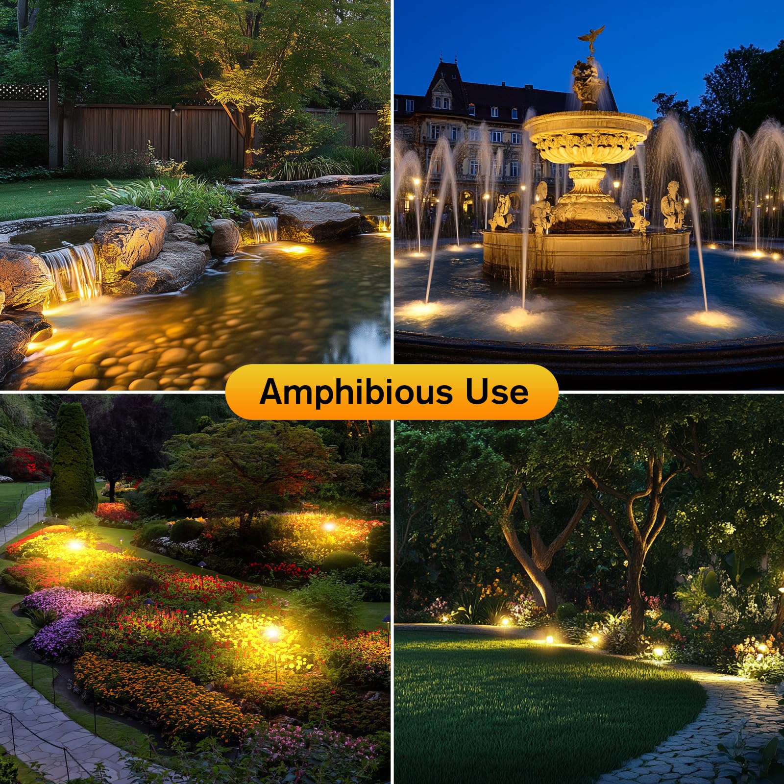 POPOSOAP Luces de estanque, luces de estanque, 4 en 1, blanco cálido, luces subacuáticas IP68, impermeables, focos LED para estanque, jardín, patio, fuente, piscina, decoración de cascada (4 faros)