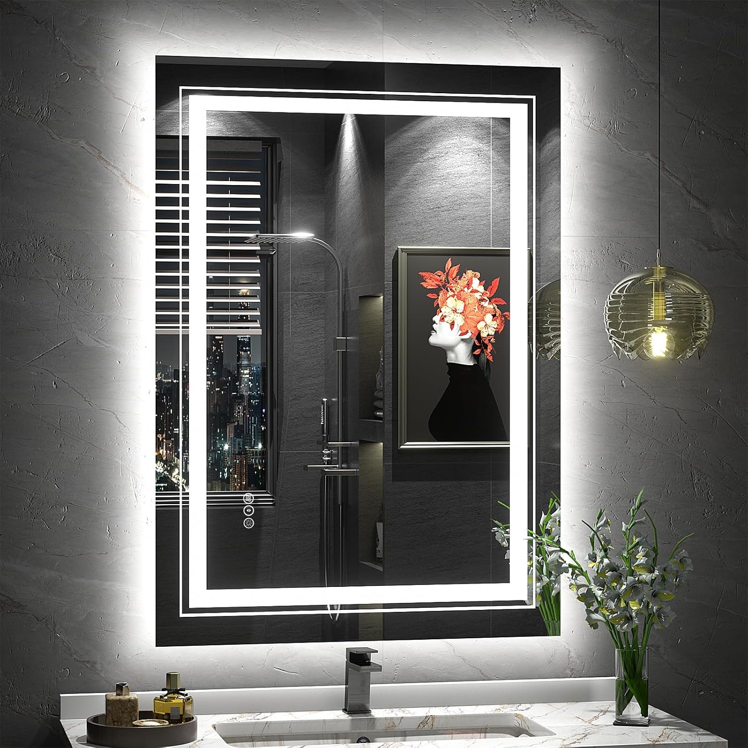 Espejo de baño LED de 24 x 32 pulgadas con luces, espejo frontal y retroiluminado para baño, espejo de tocador de baño iluminado para pared,