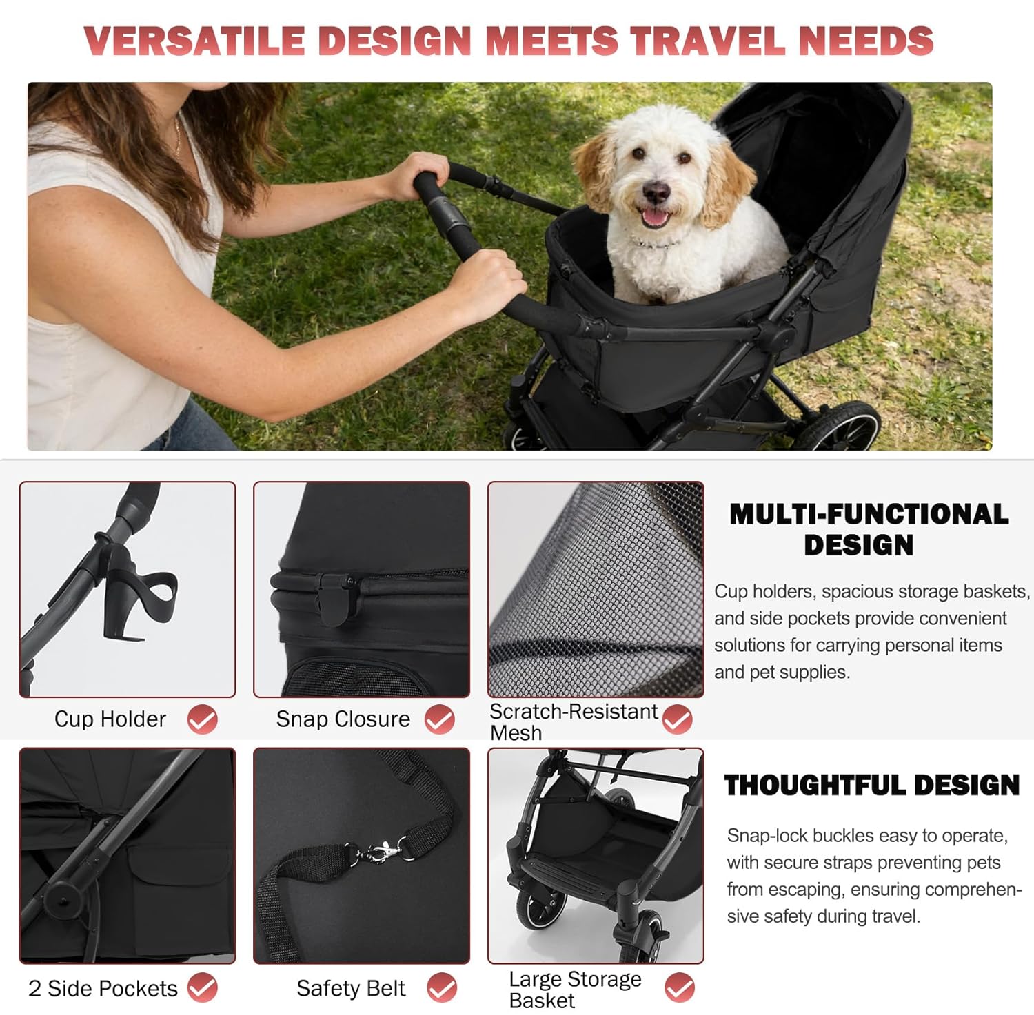Small Dog Stroller, Pet Stroller for Small Dogs up to 55lbs- Fold All in One Without Detaching Carrier, Cat Stroller with Reversible Handle,Cup Holder (Black)