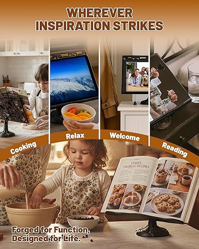 Miniatura 4 de GARADMATE - Soporte para libros de cocina, de hierro fundido resistente, estilo vintage, ajustable, para encimera de cocina, tableta rústica y