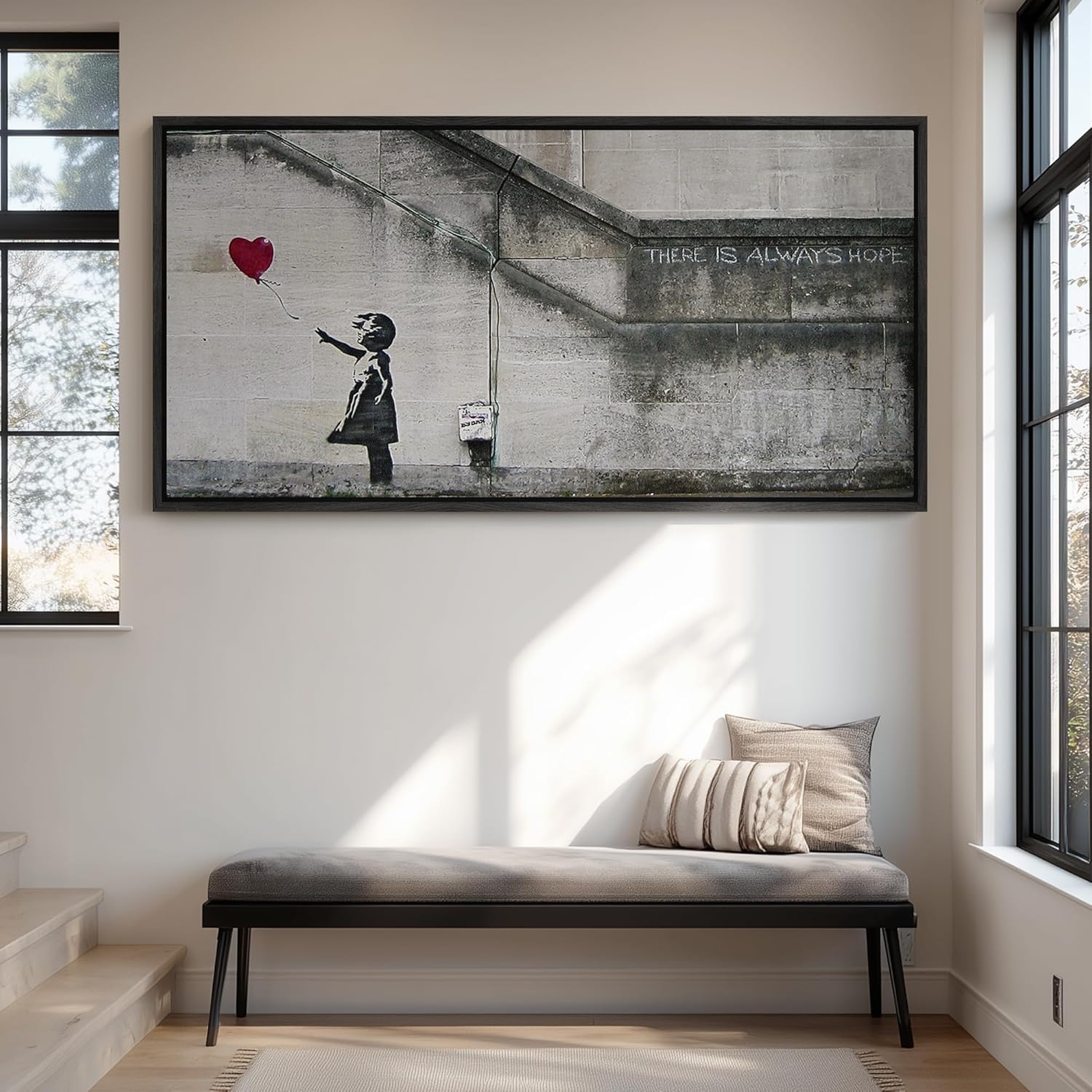wall26 Extra Large Framed Wall Art Canvas Print - Girl with Red Balloon Inspirational Graffiti - Contemporary Artwork for Living Room Bedroom Office - 60"x30" Black