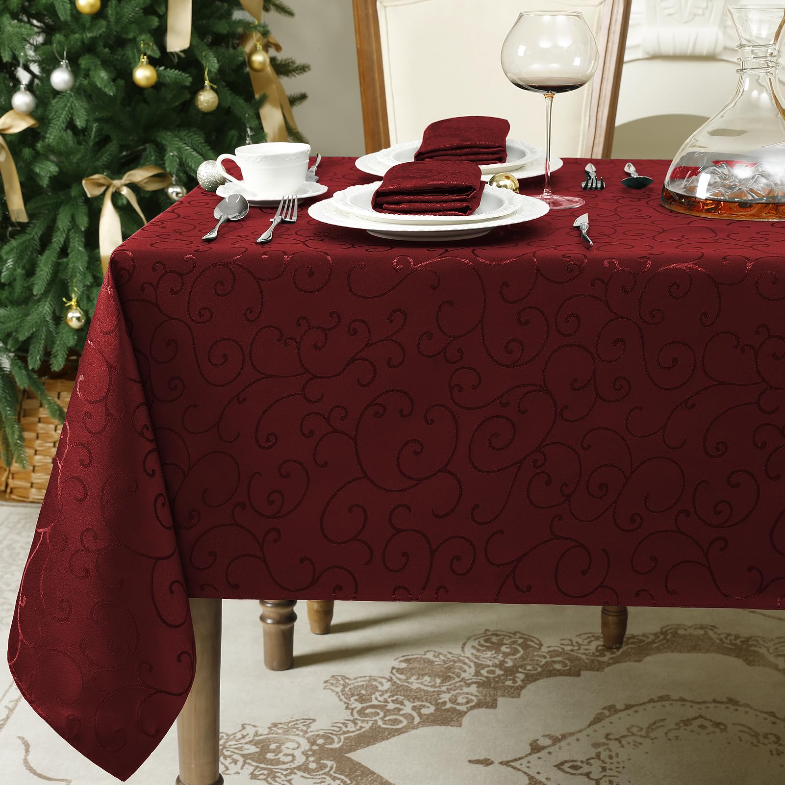 Romanstile Tovaglia 350x150 natalizia rossa 16-18 posti Antimacchia Rettangolare Jacquard idrorepellente Tovaglie elegante per Natale Feste esterno Compleanno Albergo, Ristorante, Bar, Caffè, Birstro