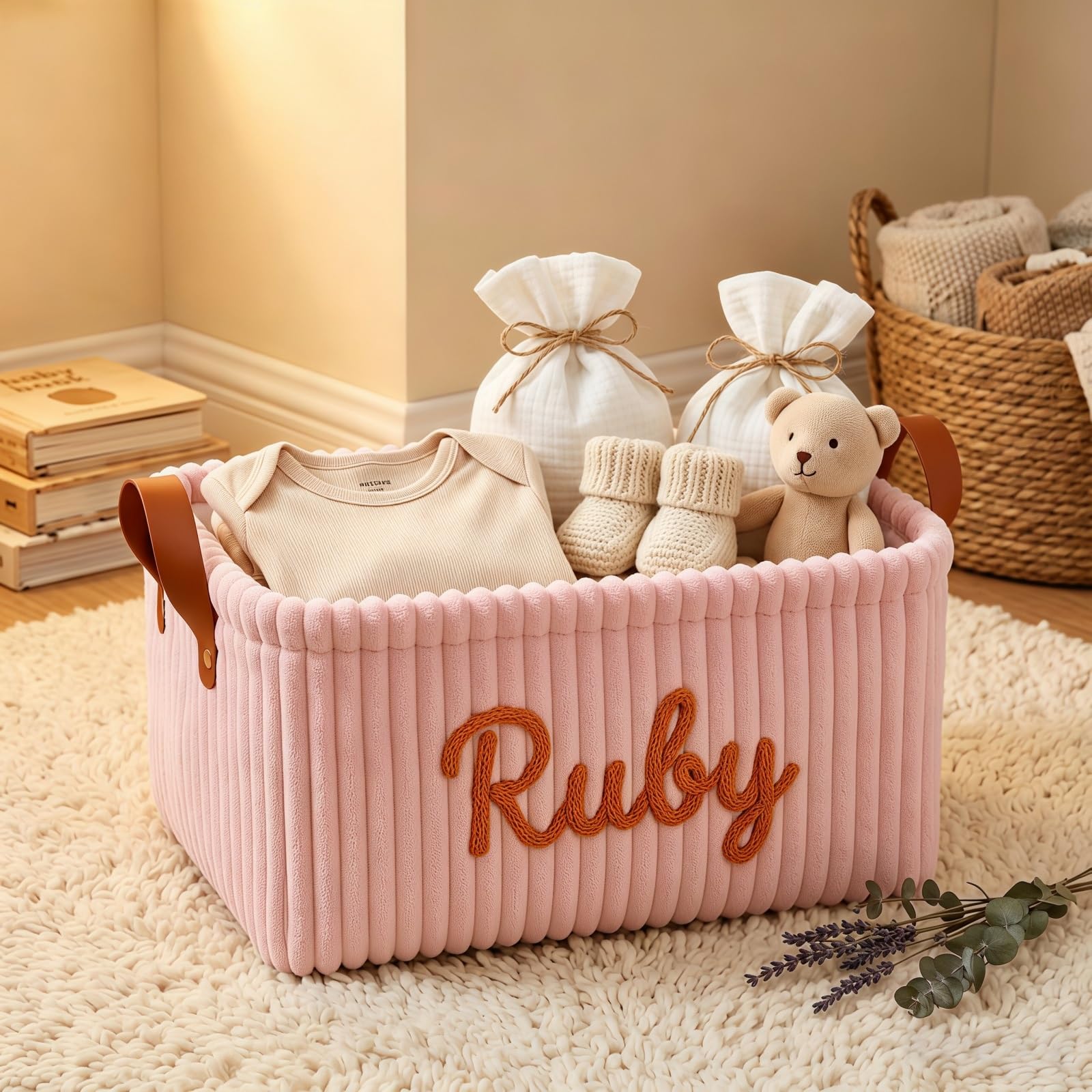 Personalized Newborn Gift Basket, Custom Name Corduroy Baby Storage Bin, Nursery Organizer Box, Keepsake Gift For Expecting Mother, Baby Shower(Pink)