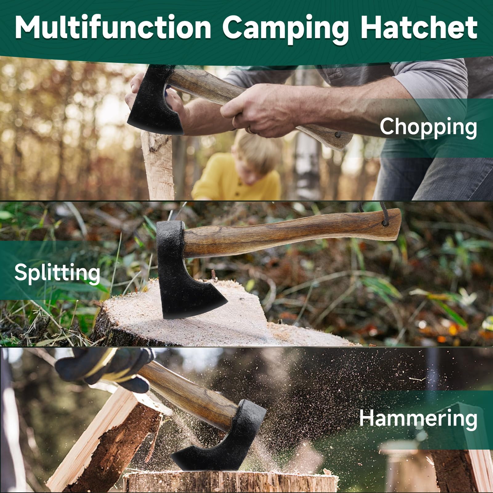 Hacha de Acampada de 12 Pulgadas,Hacha de Acero al manganeso 65,Hacha con Funda de Cuero para Cortar árboles y leña,Uso de Emergencia,Acampada al Aire Cortar Huesos Grandes