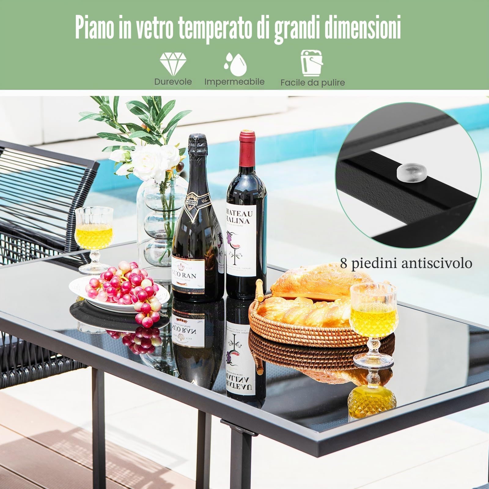 KOMFOTTEU Set di mobili da 3 pezzi, set da tavolo e 2 sedie in rattan PE, set da pranzo con sedie pieghevoli, cuscini estraibili, tavolo in vetro, per giardino, patio, terreza