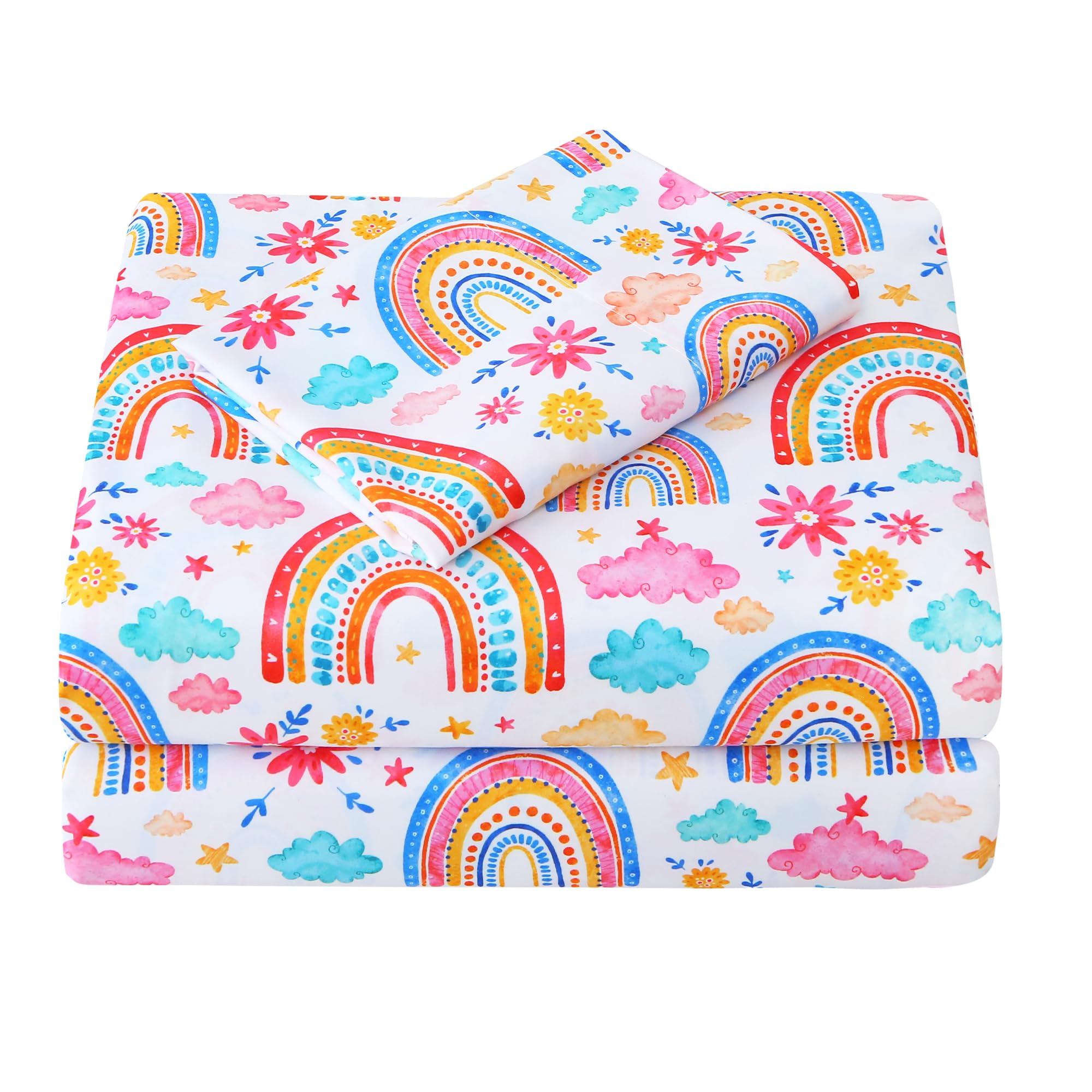 Viviland 3 Pieces Girls Twin Sheets Set Kids, Pink Rainbow Cloud Printed