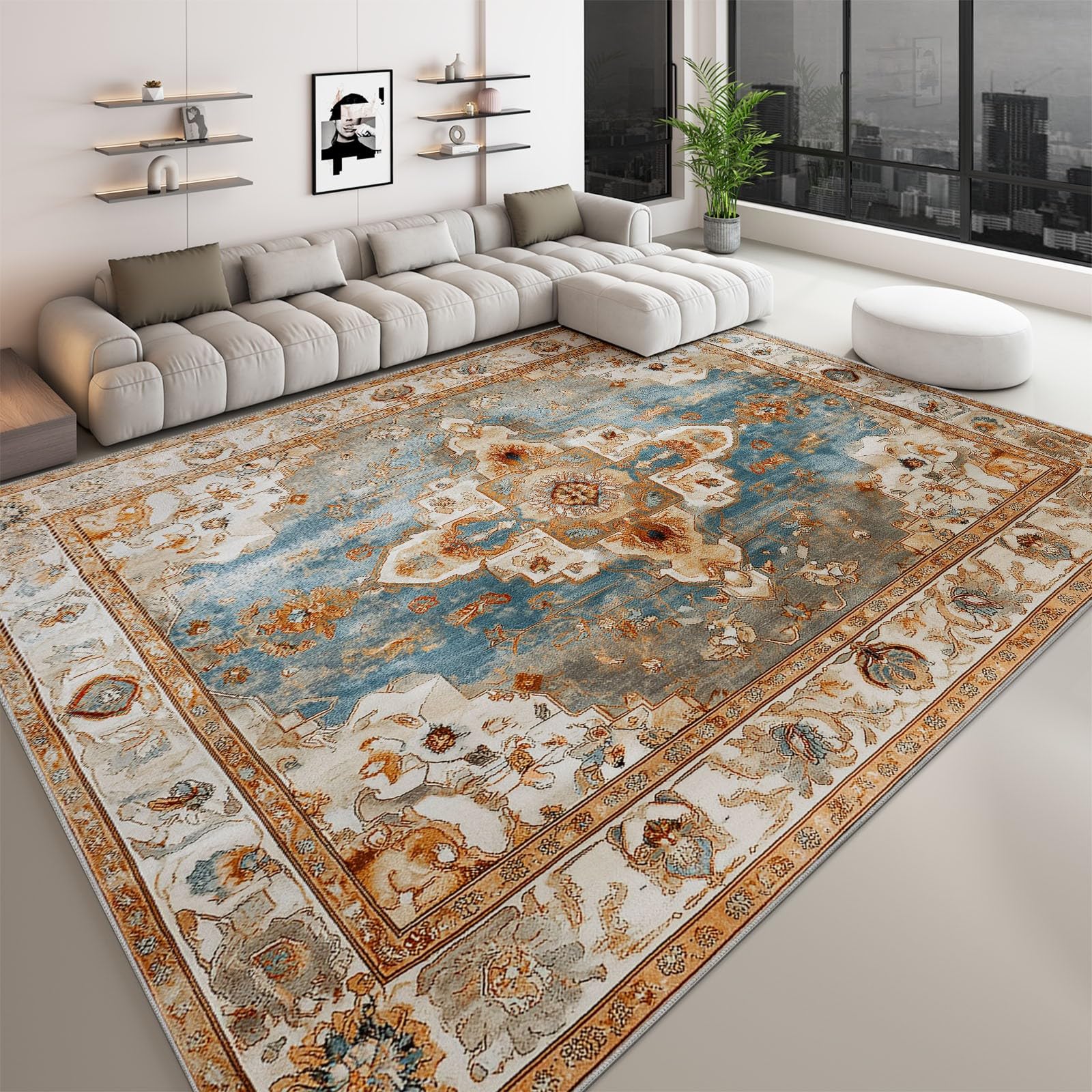 Tapis Rétro Naturel Géométrique Floral Salon Salle à Manger, Chambre, Cuisine Antidérapant avec Motif Imprimé Tapis Doux Poil Ras Décoration Maison (Jaune, 100 x 150 cm)