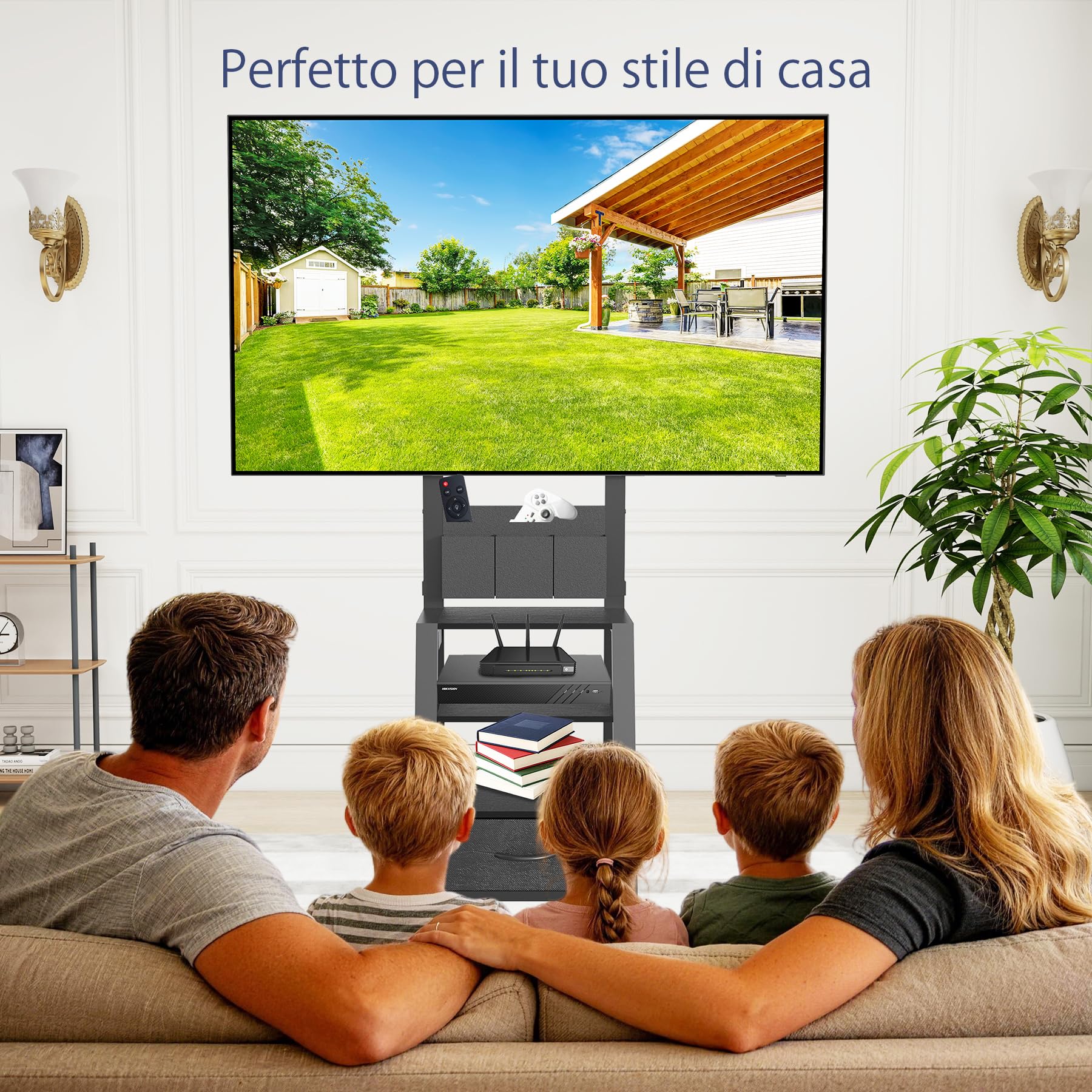 Mobile porta TV con ruote, cassetto e 3 ripiani per TV piatti/curvi da 23"-60", mas 72 kg, LCD/LED/OLED. Carrello mobile con altezza regolabile per casa, ufficio e esterni, VESA mas 400x400mm, nero