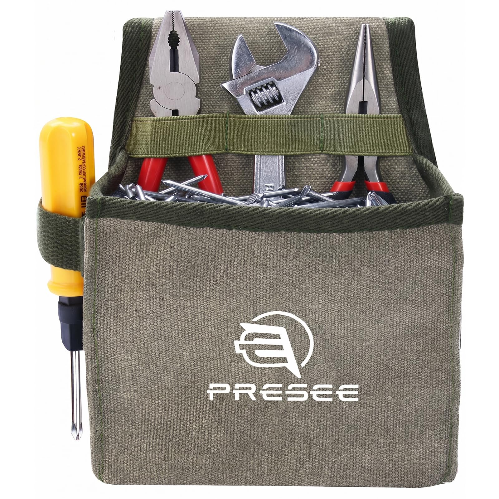 Presee Canvas Tool Belt Pouch Fastener Tool Pouch Small Tool Pouches Flatfit Pocket Utility Pouch Tool Holster Nail Screw Pouch Bag for Electrician, Carpenter, Green, Pack of 1