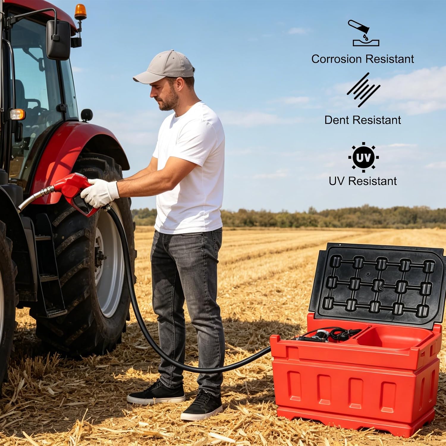 Portable Gasoline & Diesel Tank, 48 Gallon Capacity & 15 GPM High Flow Rate, Fuel Tank with 12V DC Transfer Pump and 13.1ft Rubber Hose, Auto Fueling Nozzle for Easy Fuel Transportation, Red
