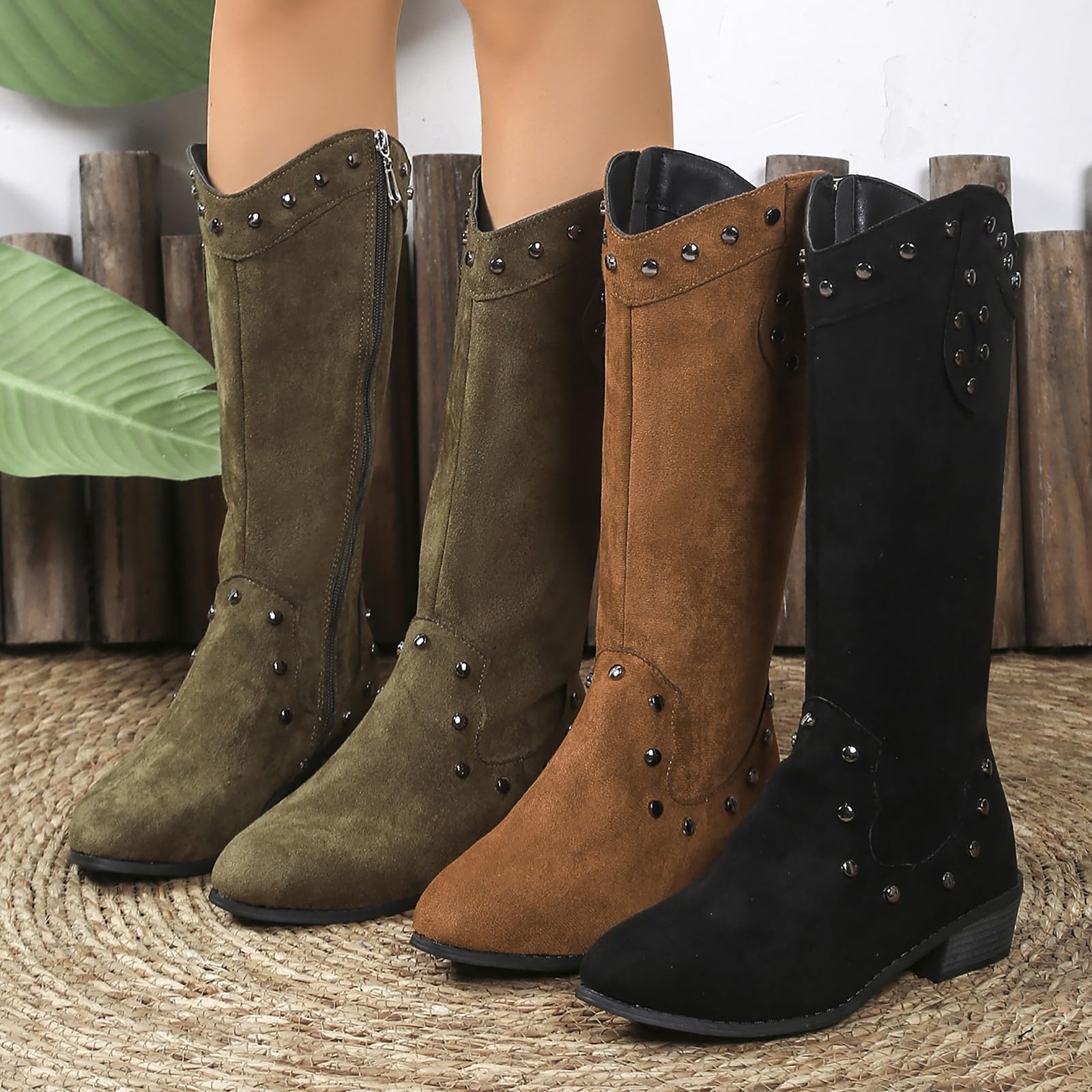 Generisch Botines para mujer, elegantes, antideslizantes, de media caña ancha, tacón de bloque, botas occidentales, tacón, botas de invierno, botas de mujer, botas de media altura