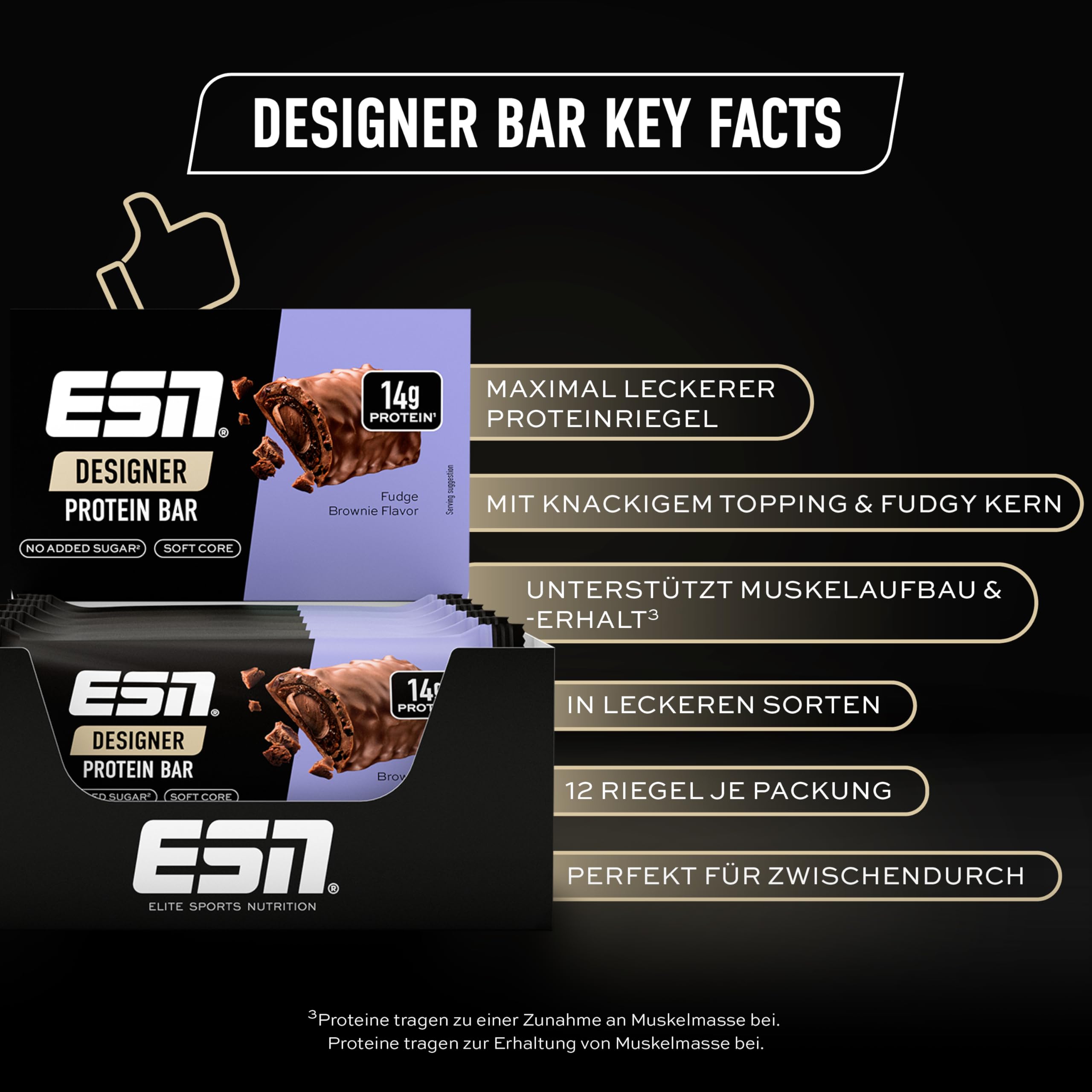 ESN Designer Bar Box, Fudge Brownie, 12 x 45 g, der ideale Snack mit bis zu 14 g Protein pro Riegel - made in Germany