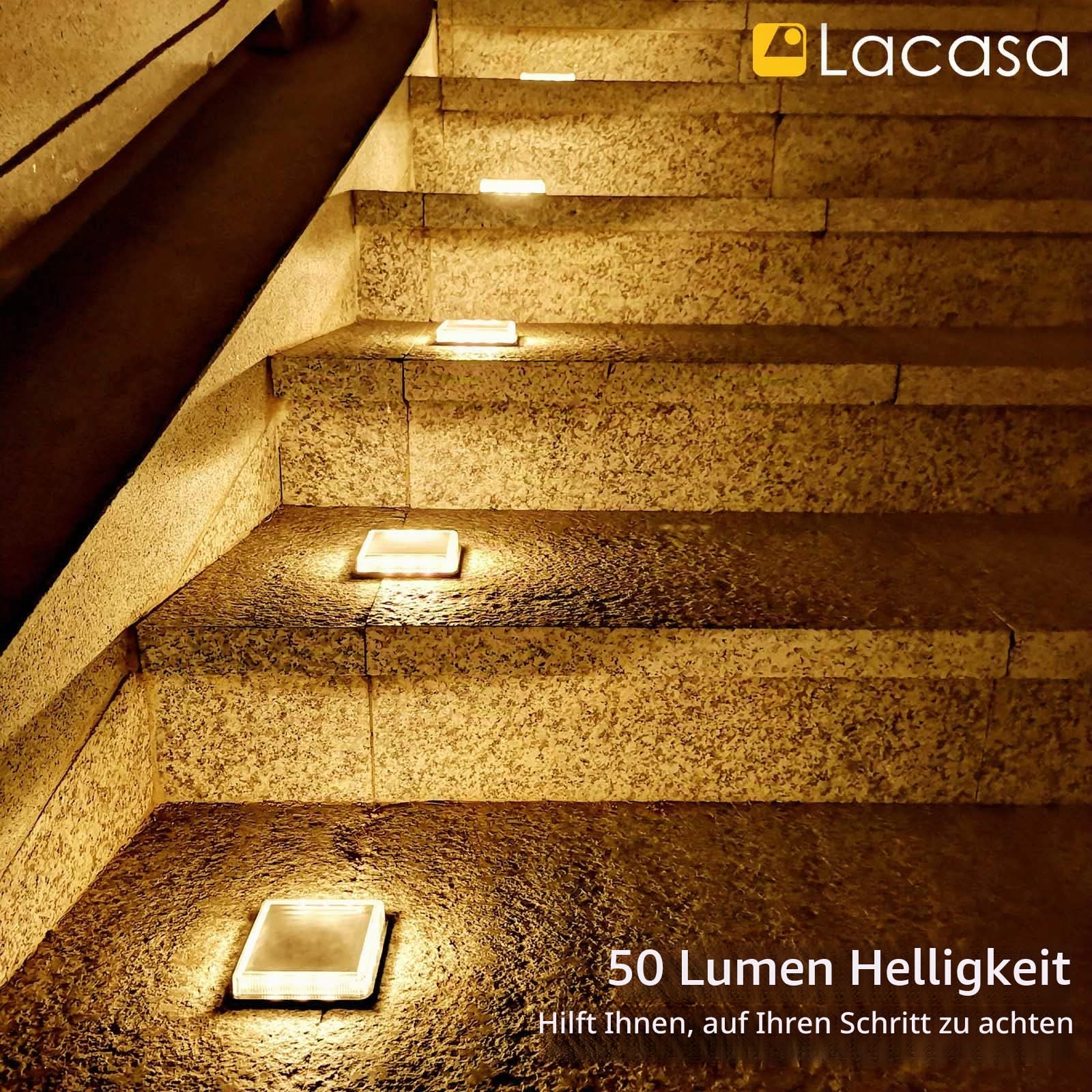 Lacasa Solar Bodenleuchten Aussen Solarleuchte Garten, 50LM LED Stufenleuchte 3000K Warmweiß Treppenlicht Außen Wasserdicht IP68 für Gehweg Weg Treppe, Eckig, 4 Stück