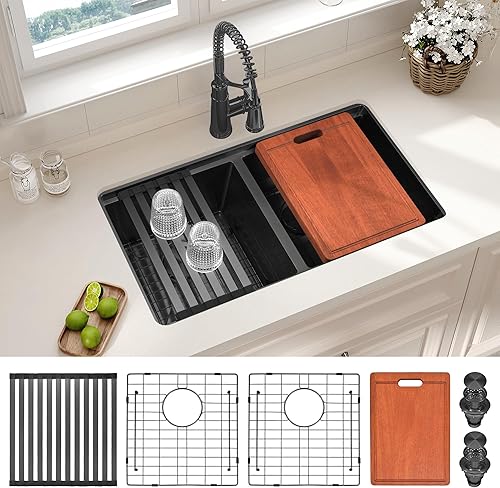 Vista 2 de LQS Fregadero de cocina negro de 30 x 18 pulgadas, fregadero de cocina grande de acero inoxidable con doble tazón, acero inoxidable de calibre 16
