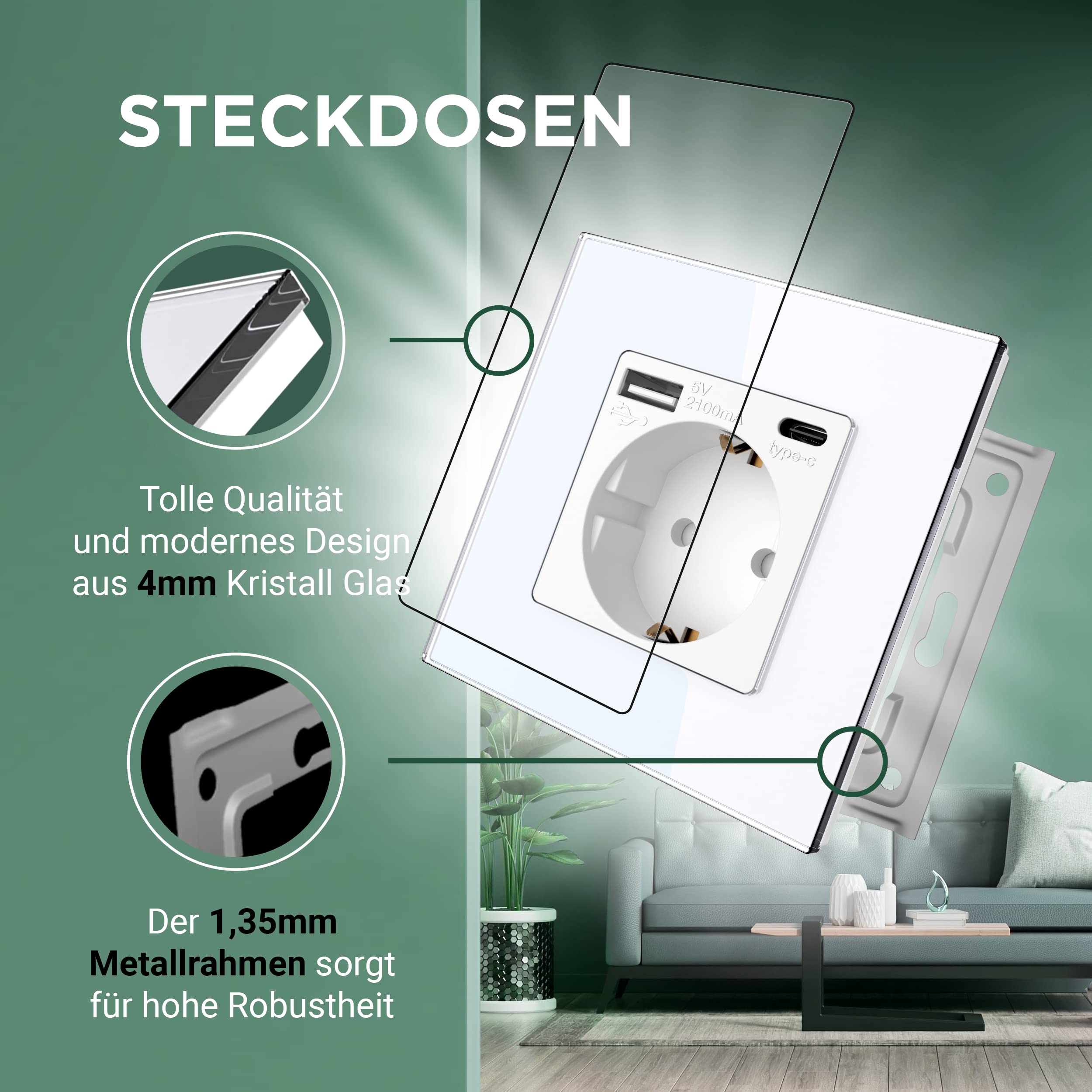 PULSAR Steckdose Unterputz mit USB-C, A 4-Fach Weiß Glas - Dose mit 20W Schnellladegerät 16A mit Kindersicherung 299x86mm