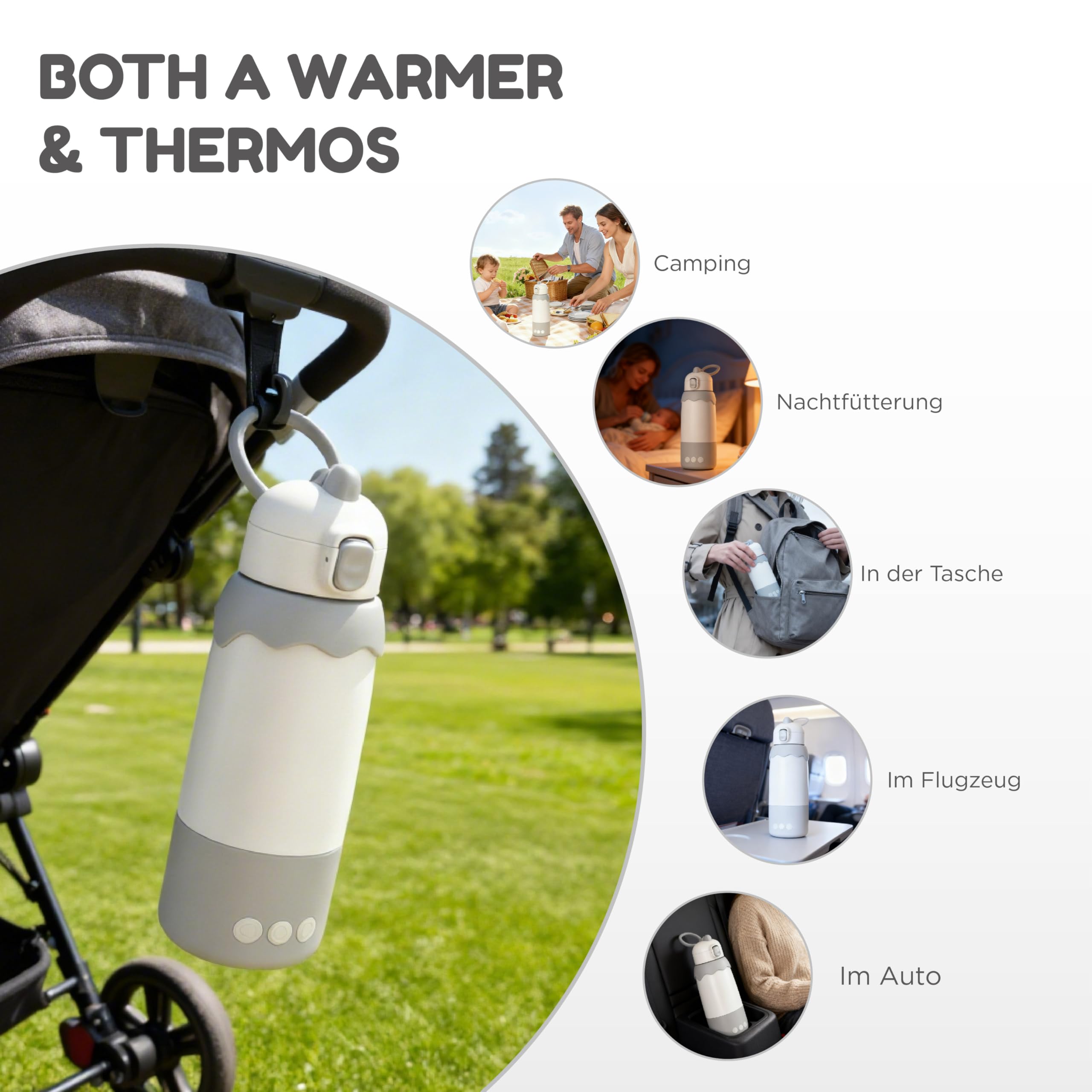 Tragbarer Flaschenwärmer Baby Unterwegs, 500ml Kabellos für Reise | manuelle temperatur 37-55°C, edelstahl 316, 4x2700 mAh akku, schnelles aufheizen, abnehmbarer becher, sterilisator funktion
