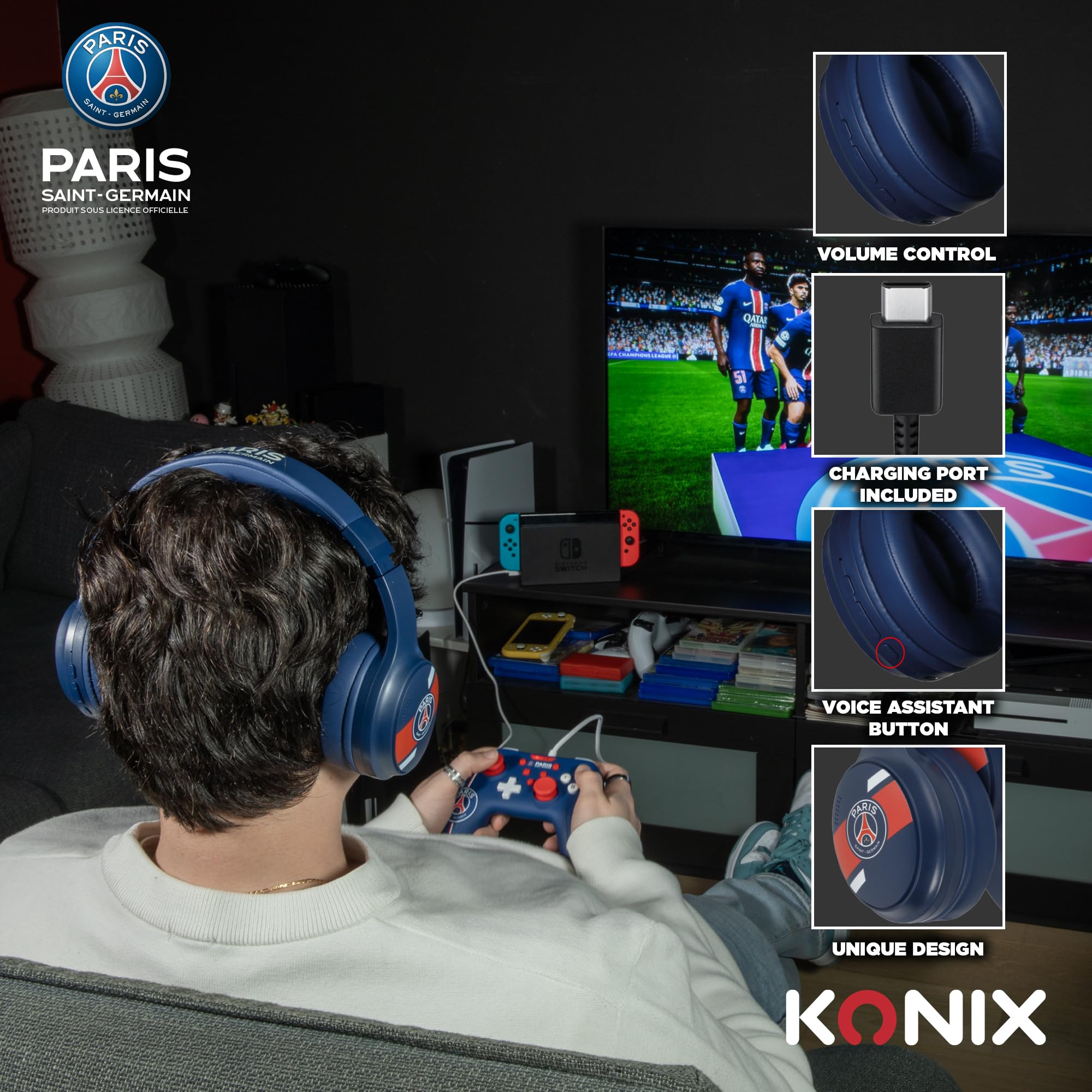 Konix PSG Casque Audio sans Fil Bluetooth 5.3 PC, Smartphones, tablettes - Microphone - Autonomie 25 h - Câble Jack 3,5 mm - Bleu