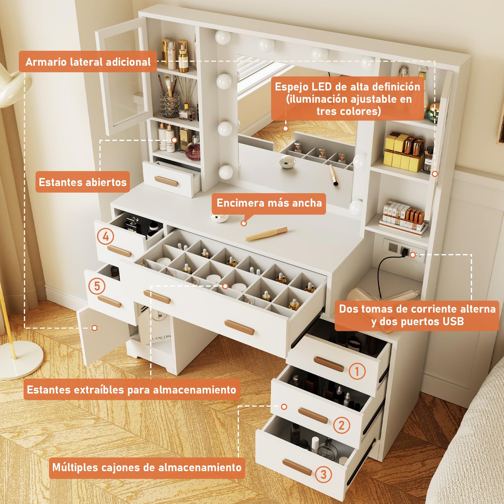 Tocador con Espejo y Luces, Mesa de Maquillaje Grande de 124 cm con 7 Cajones y 3 Armarios, Tocador con Enchufe Integrado y Puertos USB, Tocador Dormitorio, Blanco