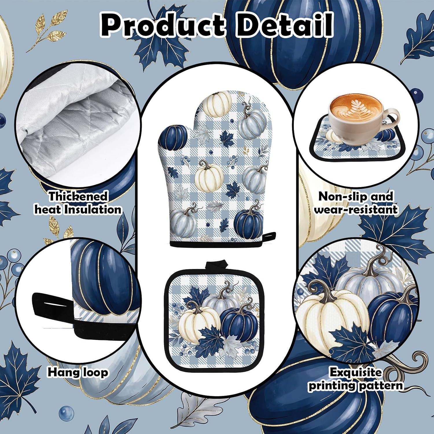 Blue Fall Kitchen Decor Set, 8PCS Autumn Give Thanks Kitchen Hand Towels Pot Holders and Oven Mitts, Thanksgiving Gnome Home Baking Dish Towels Gift Set