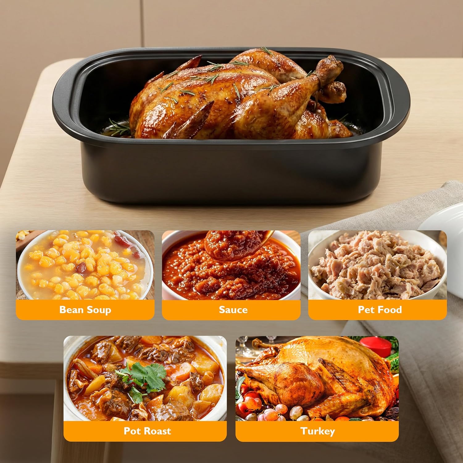 Collage of various dishes that can be prepared in the SUNVIVI Roasting Pan, including bean soup, sauce, pet food, pot roast, and a whole roasted turkey.